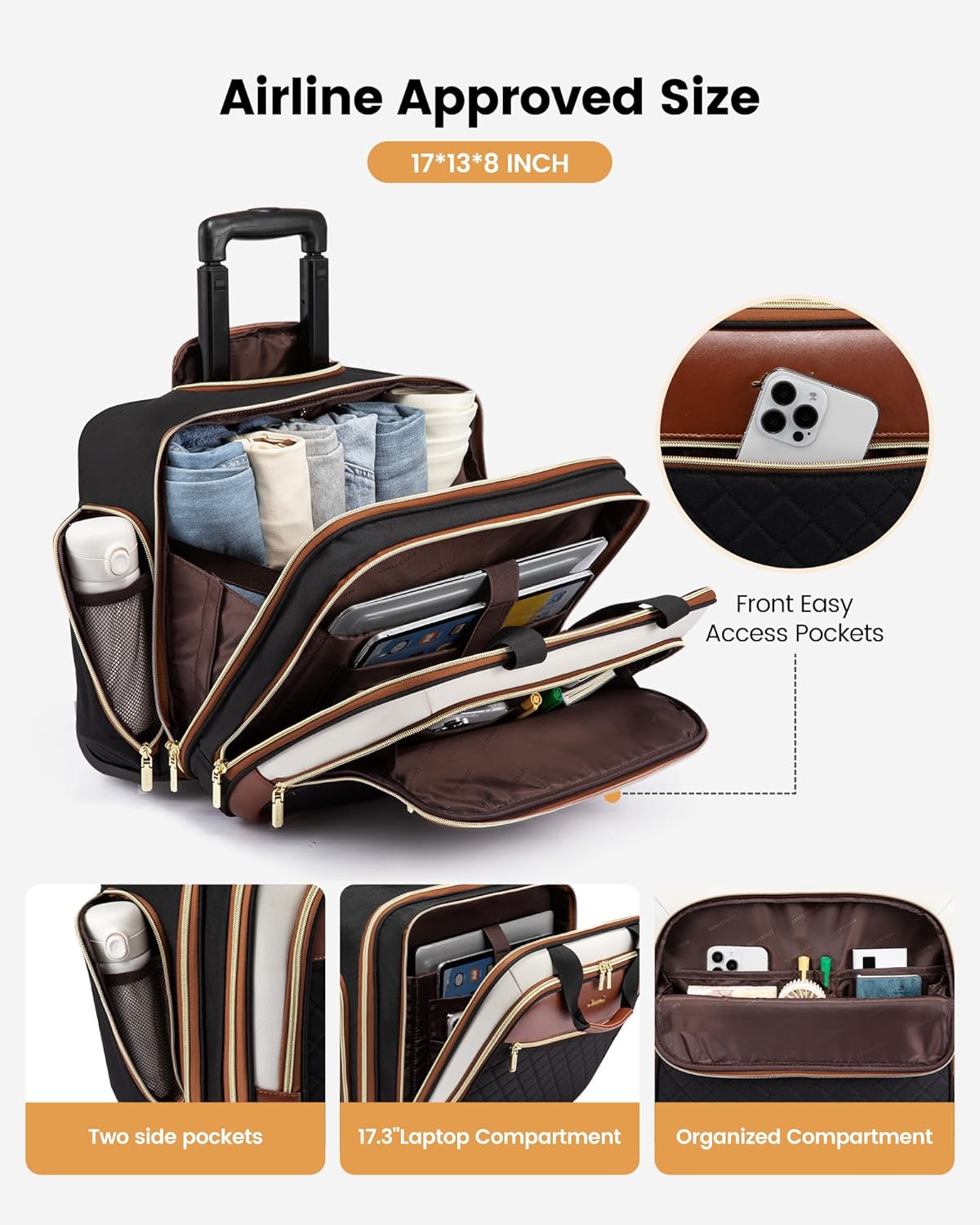 LOVEVOOK Rolling Laptop Bag Women, 17.3 Inch Laptop Briefcase with Wheels, Soft Sided Underseat Carry On Luggage Personal Item Suitcase for Work Travel Business, Black Brown Beige