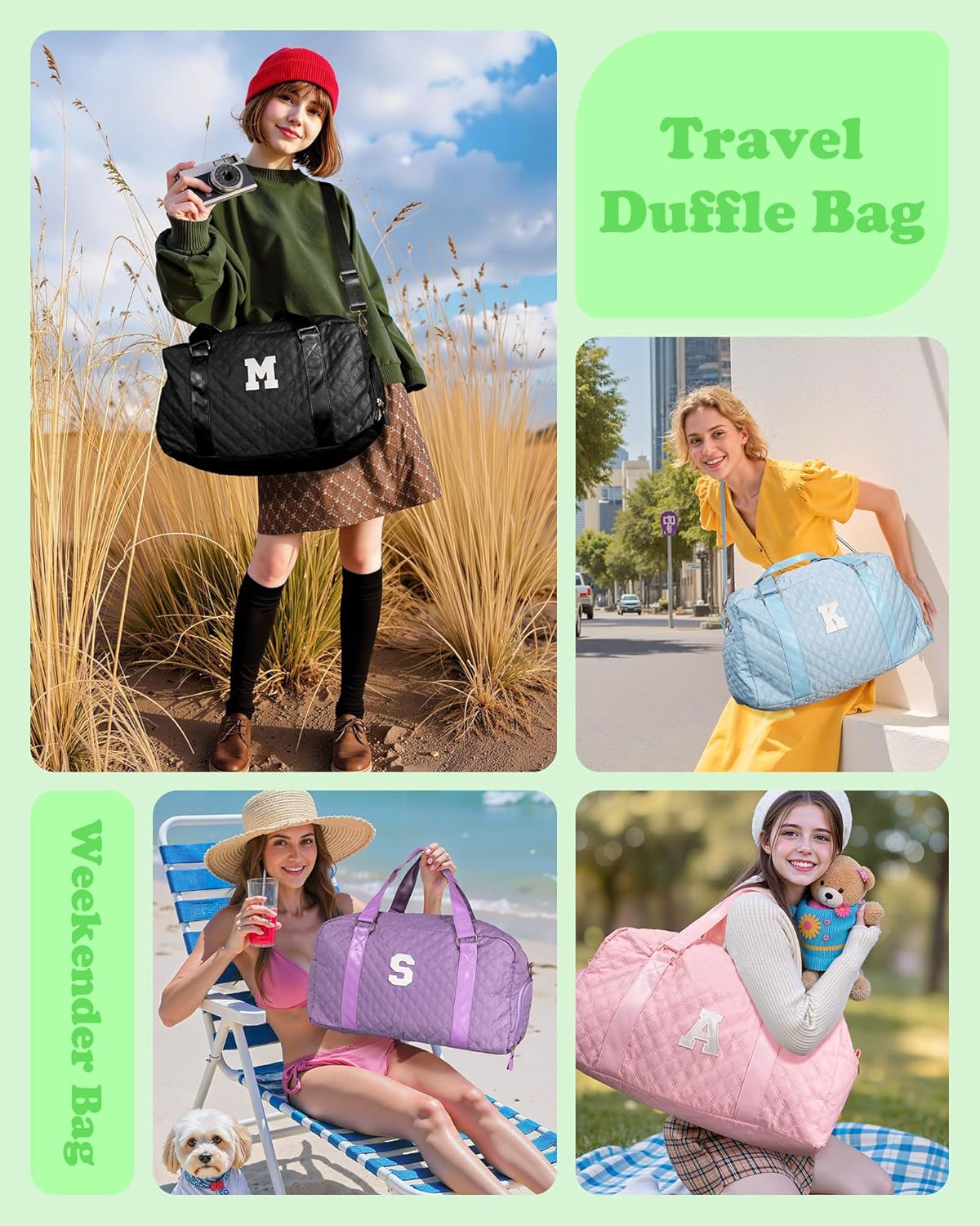 Initial Travel Duffle Bag Women Girls Gift: Personalized Weekender bags, Dance Cheer bag Sports for Girl, Kid Gymnastics Bags, Birthday Gifts for Women Girls Kids Teens Mom Teacher