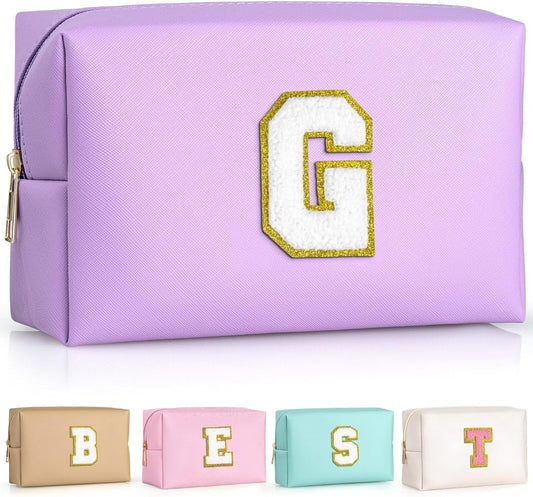 TOPEAST Travel Makeup Bag, Personalized Initial Toiletry Bag w Zipper, Cute Makeup Pouch, PU Leather Waterproof Cosmetic Bag, Birthday Gift for Daughter, Preppy Things for Girls (Purple G)
