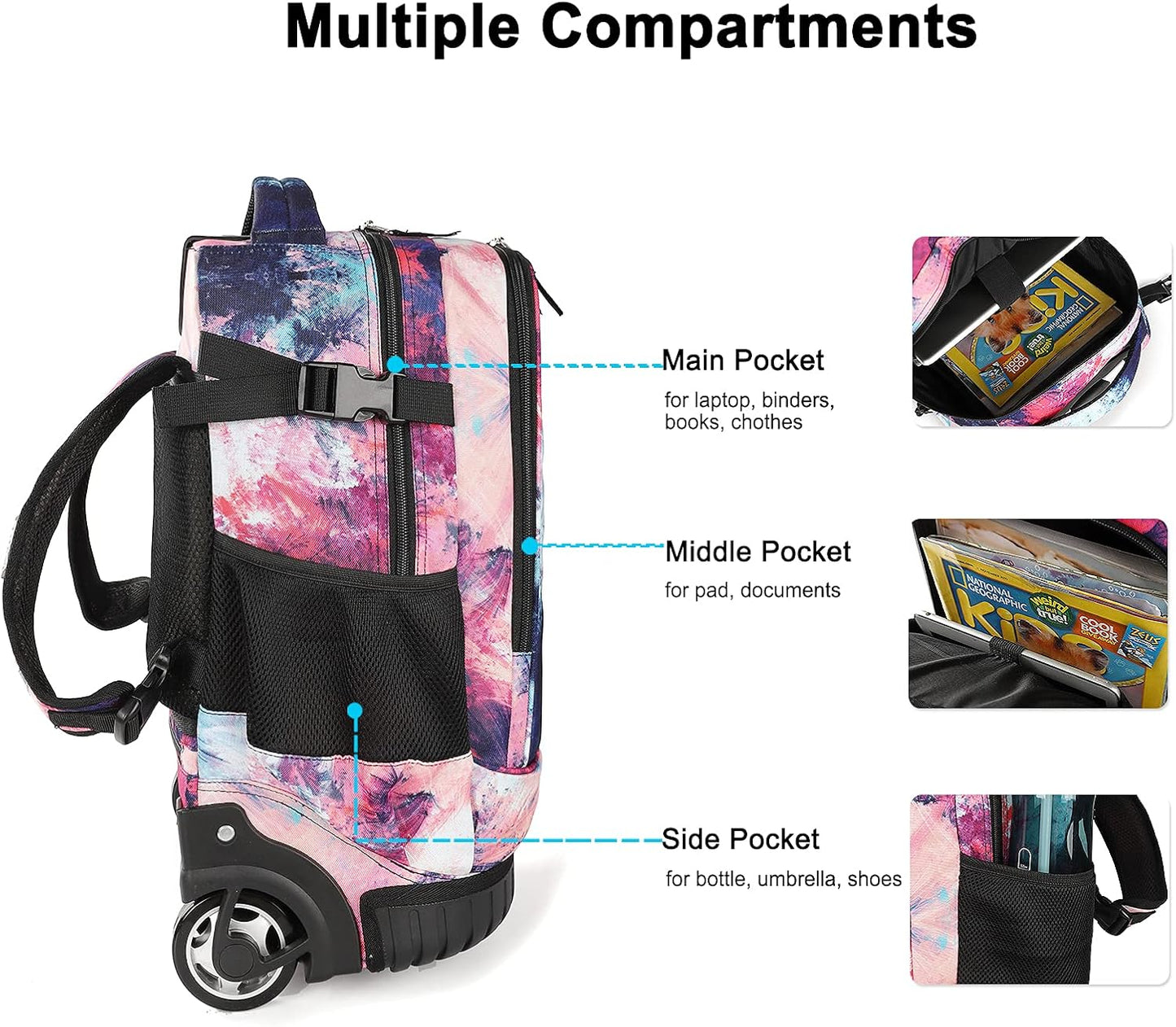 Tilami Rolling Backpack & Lunch bag for Kids 19 Inch Wheeled Bookbag for Boys & Girls for School & Travel,Pink wave