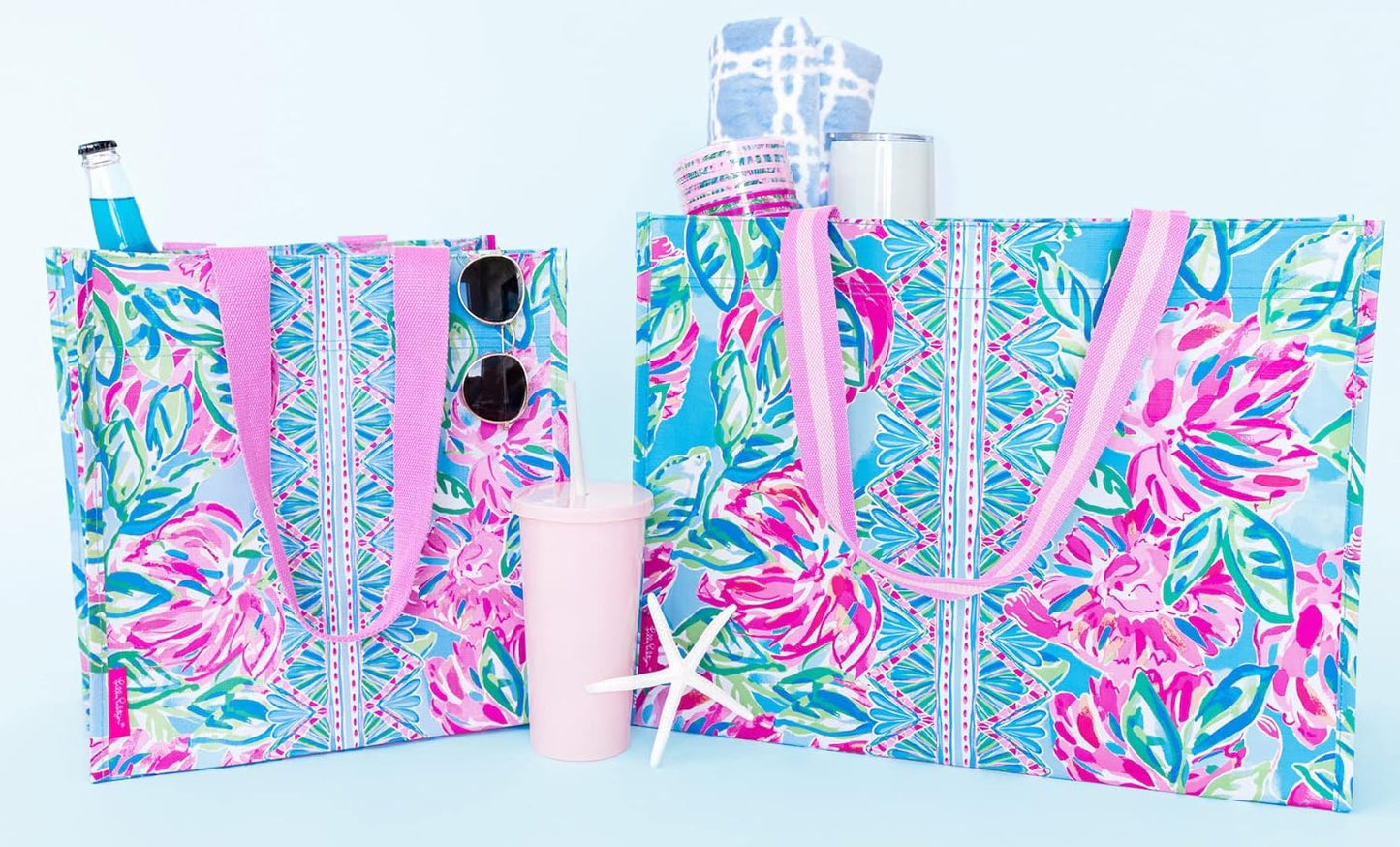 Lilly Pulitzer Pink/Green Market Shopper Bag, Reusable Grocery Tote with Comfortable Shoulder Straps, Totally Blossom