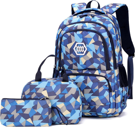 3Pcs Geometric Print Boys Backpack and Lunchbox Set for School Kids, Capacity School Backpack for Boys Elementary Middle School