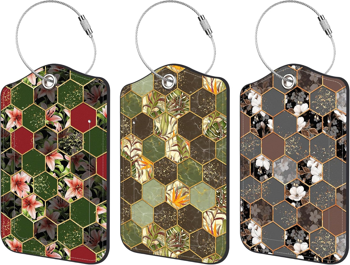 3 Pack PU Leather Luggage Tag for Suitcase Marble and Flower Suitcase Tags with Privacy Name ID Label and Stainless Steel Loop for Travel Bag