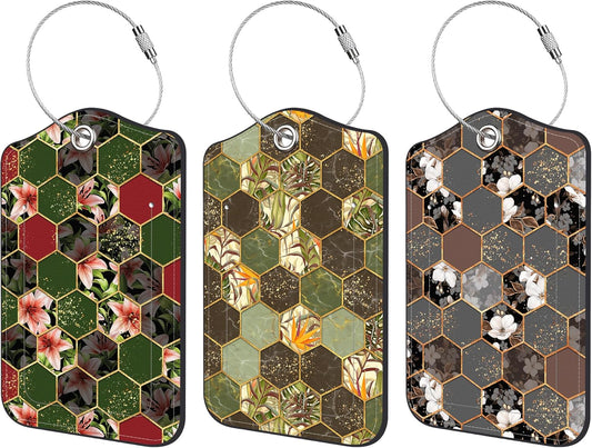 3 Pack PU Leather Luggage Tag for Suitcase Marble and Flower Suitcase Tags with Privacy Name ID Label and Stainless Steel Loop for Travel Bag