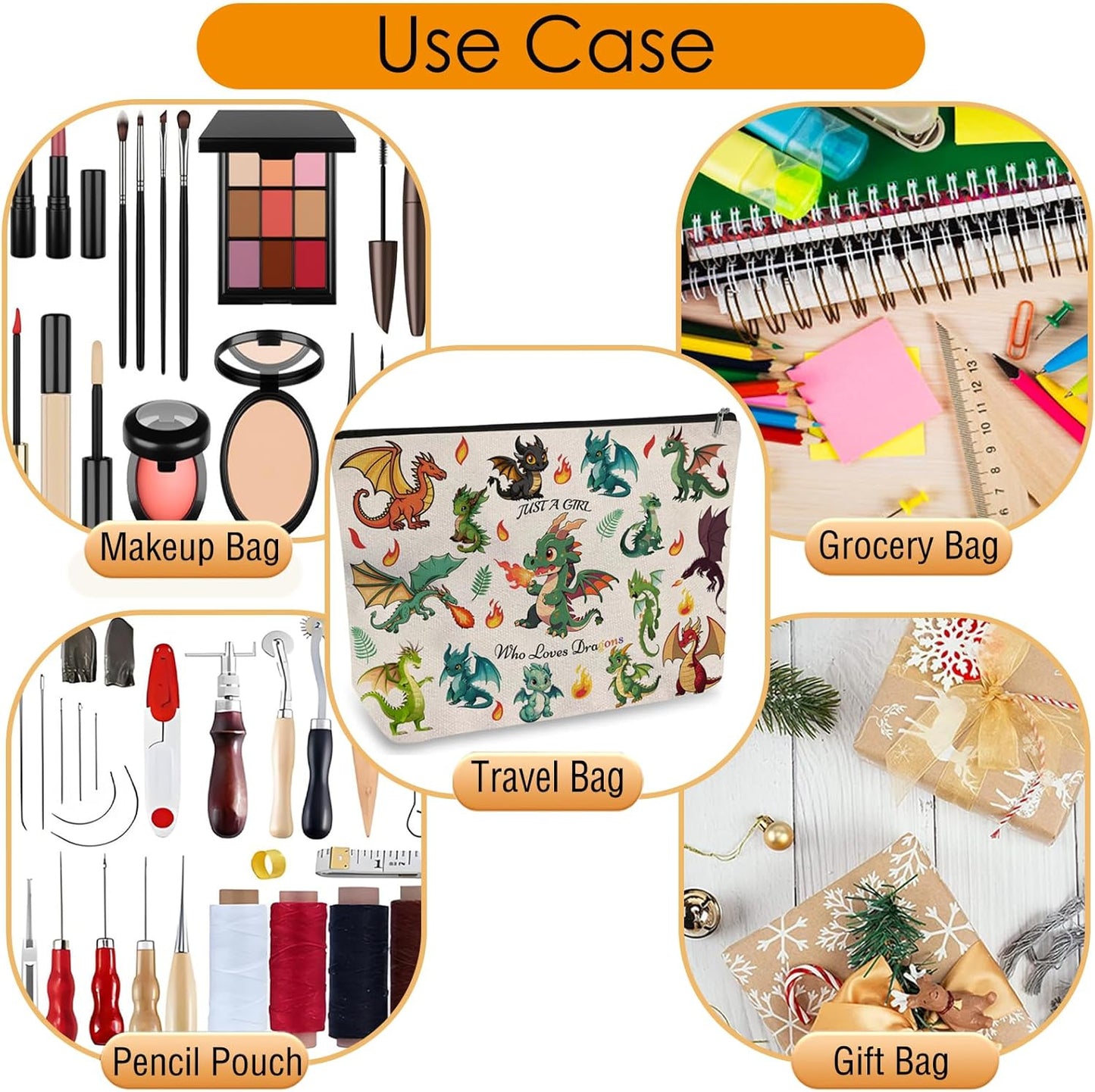 DOOX Dragon Makeup Bags with Lining, Funny Cosmetic Bags Pencil Pouch - Double-Sided Print - Cute Birthday & Christmas Dragon Gifts for Daughter, Sister, Women