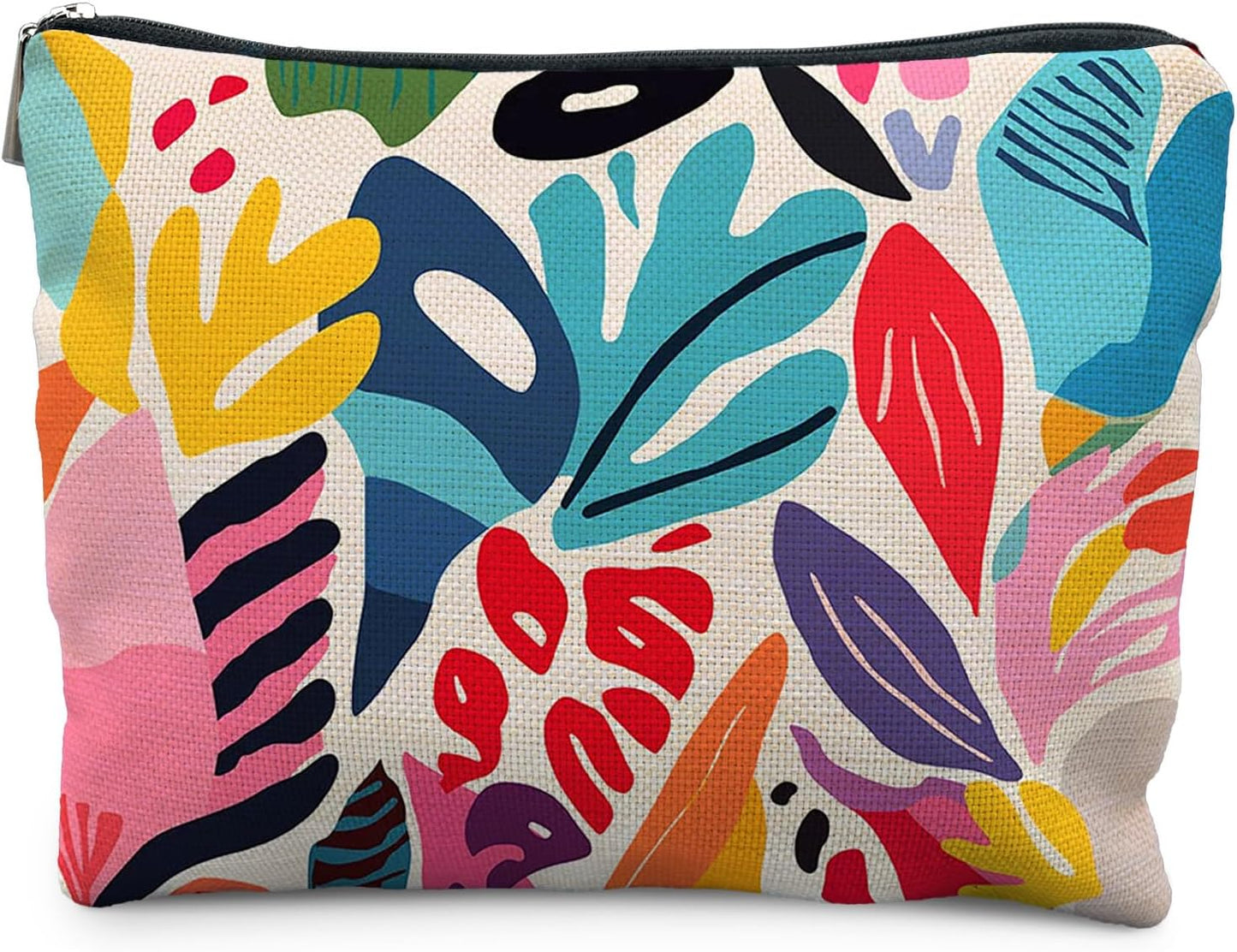 Abstract Colorful Floral Makeup Bag, Trendy Maximalist Funky Tropical Flower Cosmetic Bags for Women, Eclectic Botanical Zipper Makeup Pouch