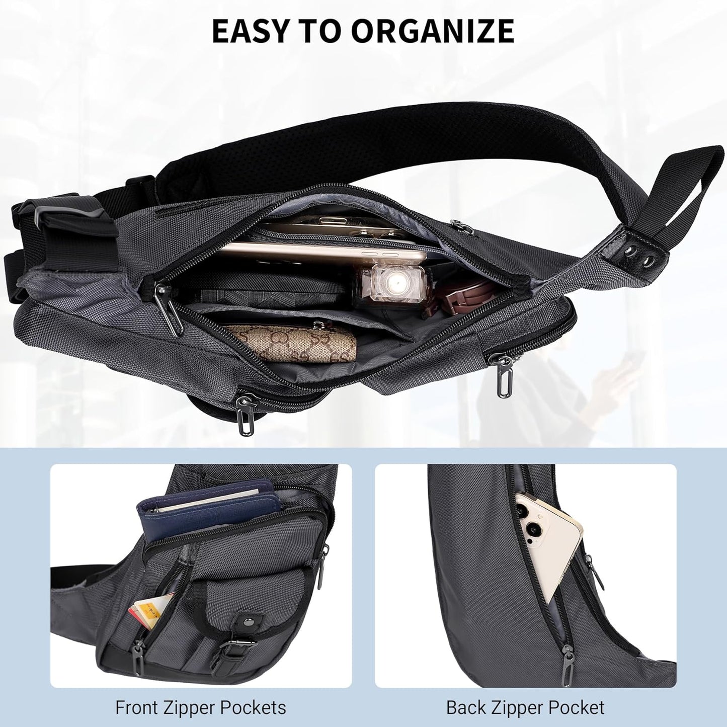 WITZMAN Sling Bag for Men Crossbody Bags Travel Slim Chest Bag One Strap Lightweight Casual Daypack
