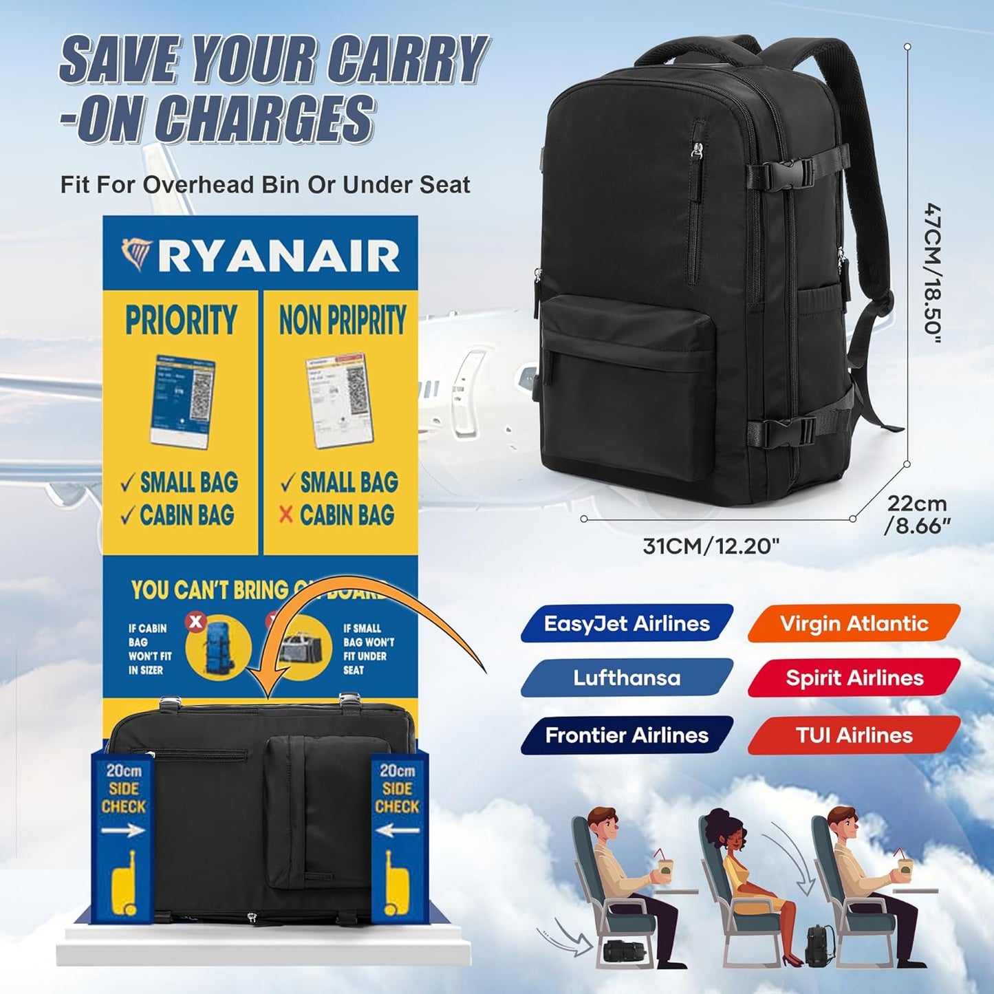 Vacuum Backpack Travel with pump,Large Travel Backpack with Vacuum Seal System,Personal Item Travel Bag Frontier Airlines Approved 18x14x8,Mochila Compresion al Vacio,Laptop Backpacks,Black