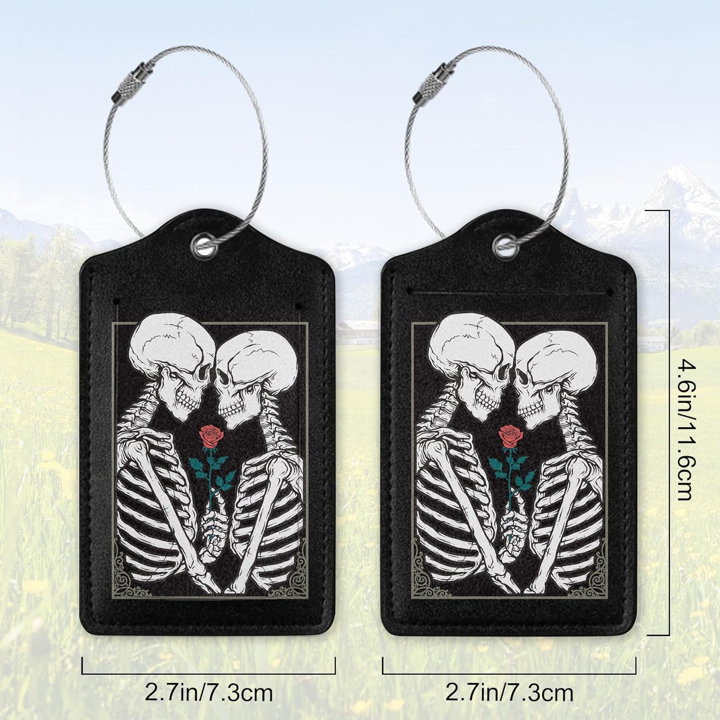 Luggage Tag for Suitcase,Gothic Skull Lovers Rose Unique Travel Tags with Privacy Cover ID Label & Stainless Steel Loop for Men Women