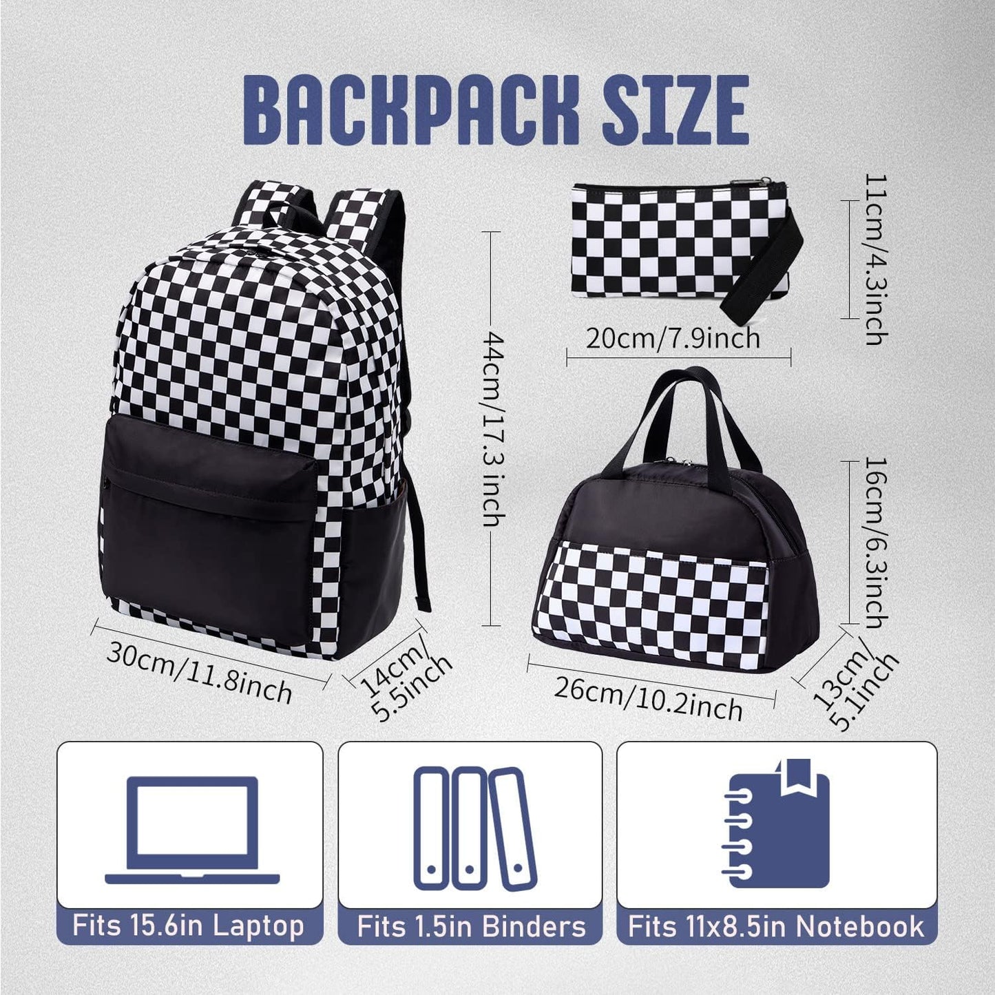 Checkered Backpack - School Backpack for Kids, Large Capacity, Waterproof, Lightweight, Black