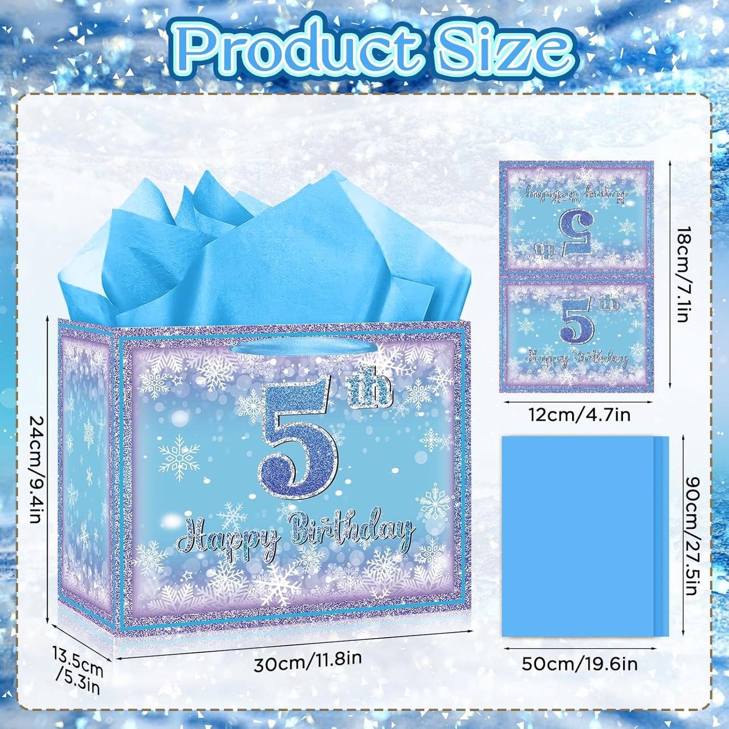 Frozen 5th Birthday Gift Bag for Girls, Large Purple Blue Snowflake Five Birthday Bags with Tissue Paper and Greeting Card Snow Frozen 5 Years Old Party Favor Bags for Girls 5th Bday Christmas Gift