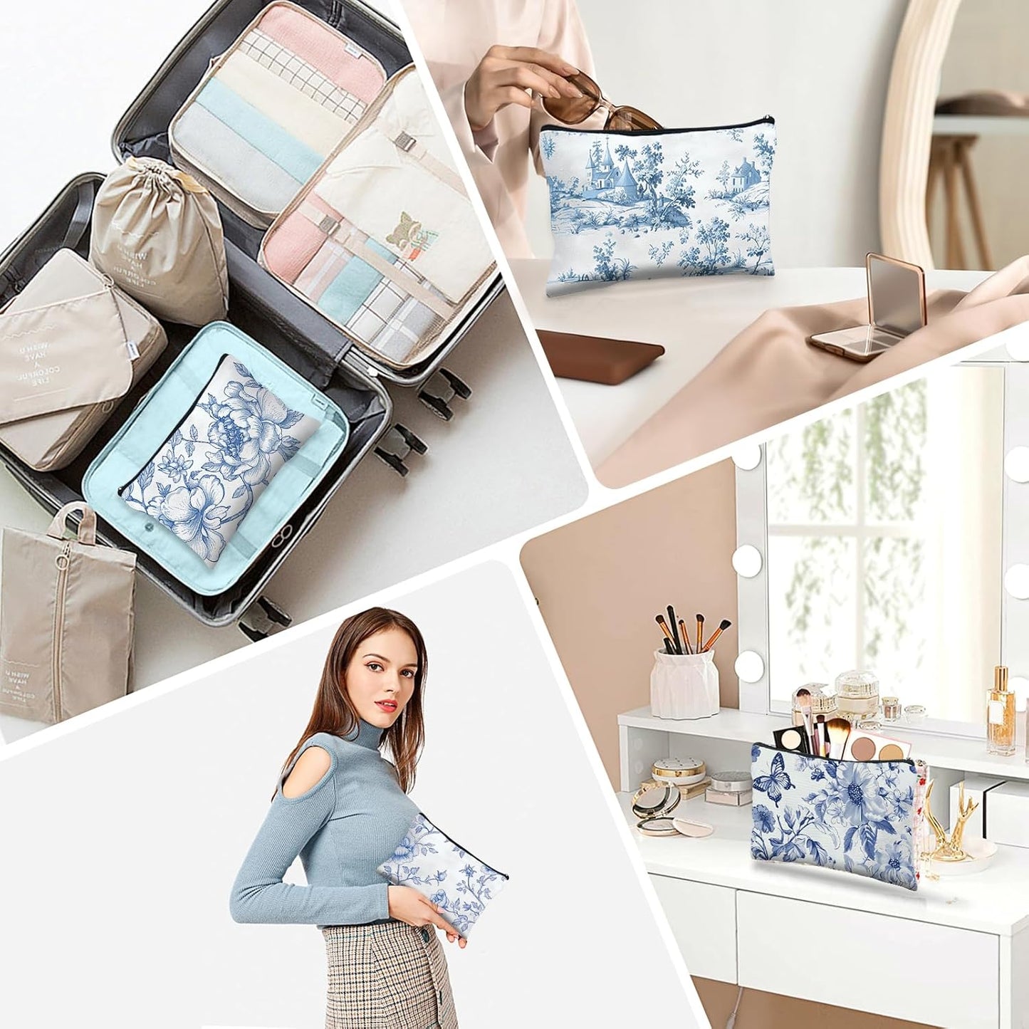16 Pcs Floral Cosmetic Bags Bulk for Women Blue and White Floral Makeup Bags Chinoiserie Canvas Travel Zipper Pouches Aesthetic Toiletry Bag for Girls Women Bridesmaids Wedding Supplies