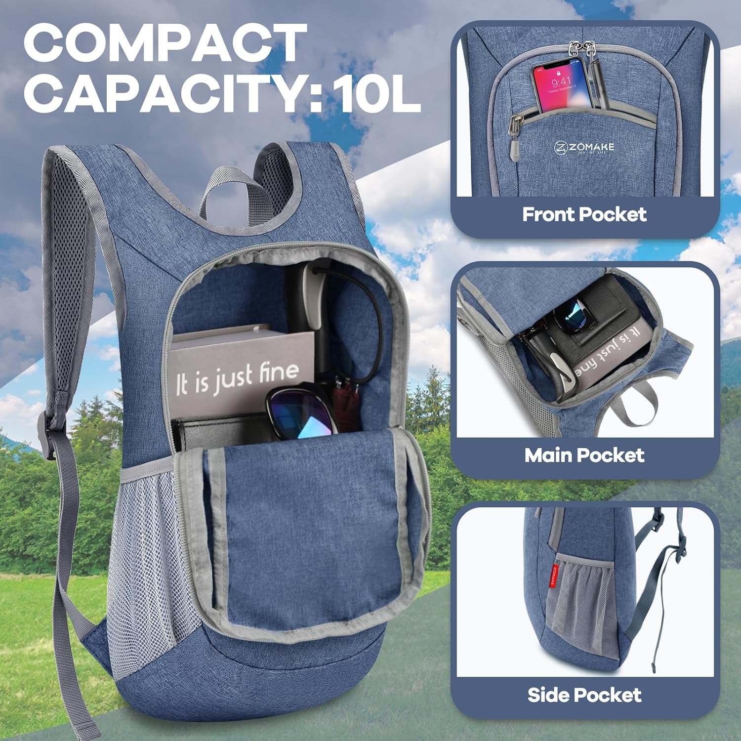 ZOMAKE Ultra Lightweight Packable Backpack 10L,Small Foldable Backpacks Hiking Water Resistant