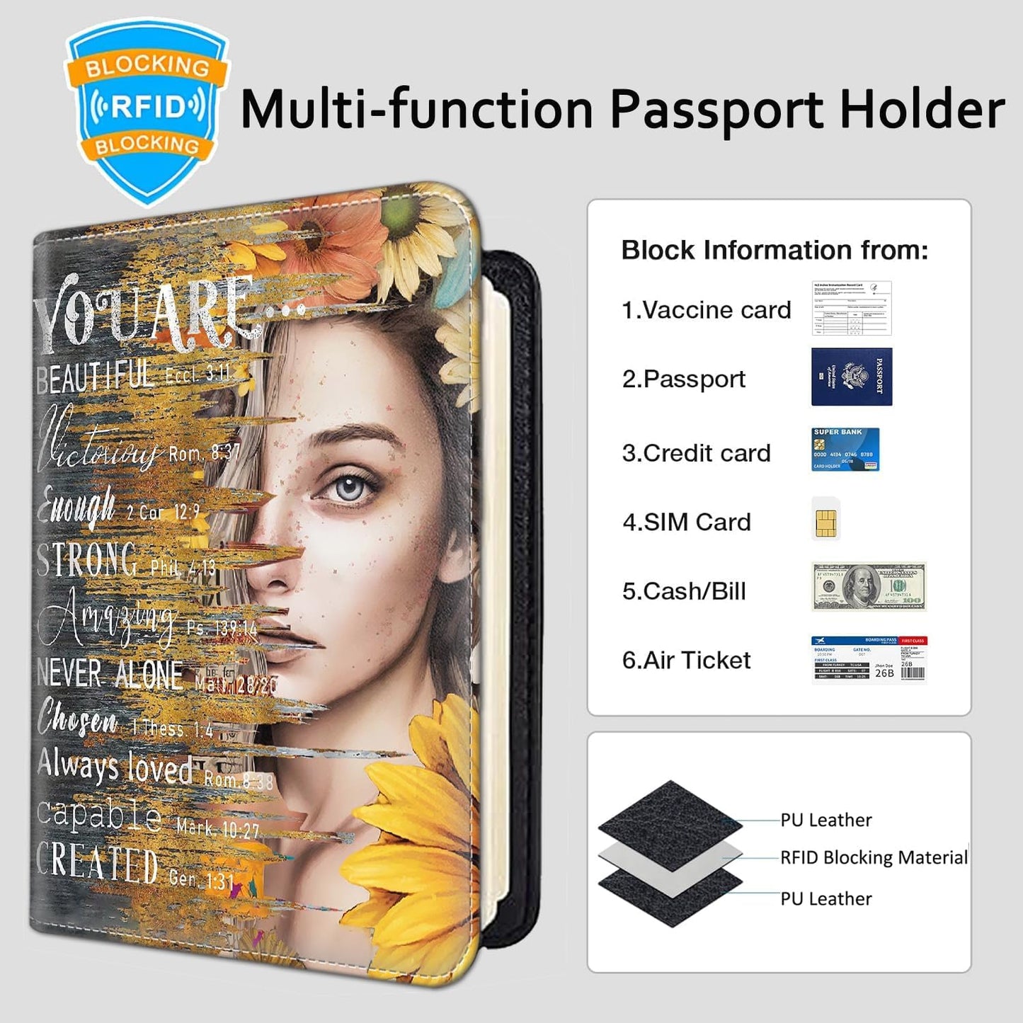 Passport Holder Women Wallet with Luggage Tag, Leather Passport Cover with RFID Blocking, Travel Accessories Multi Card Slot Passport Case for Men，Sunflower Girl Inspirational Quotes