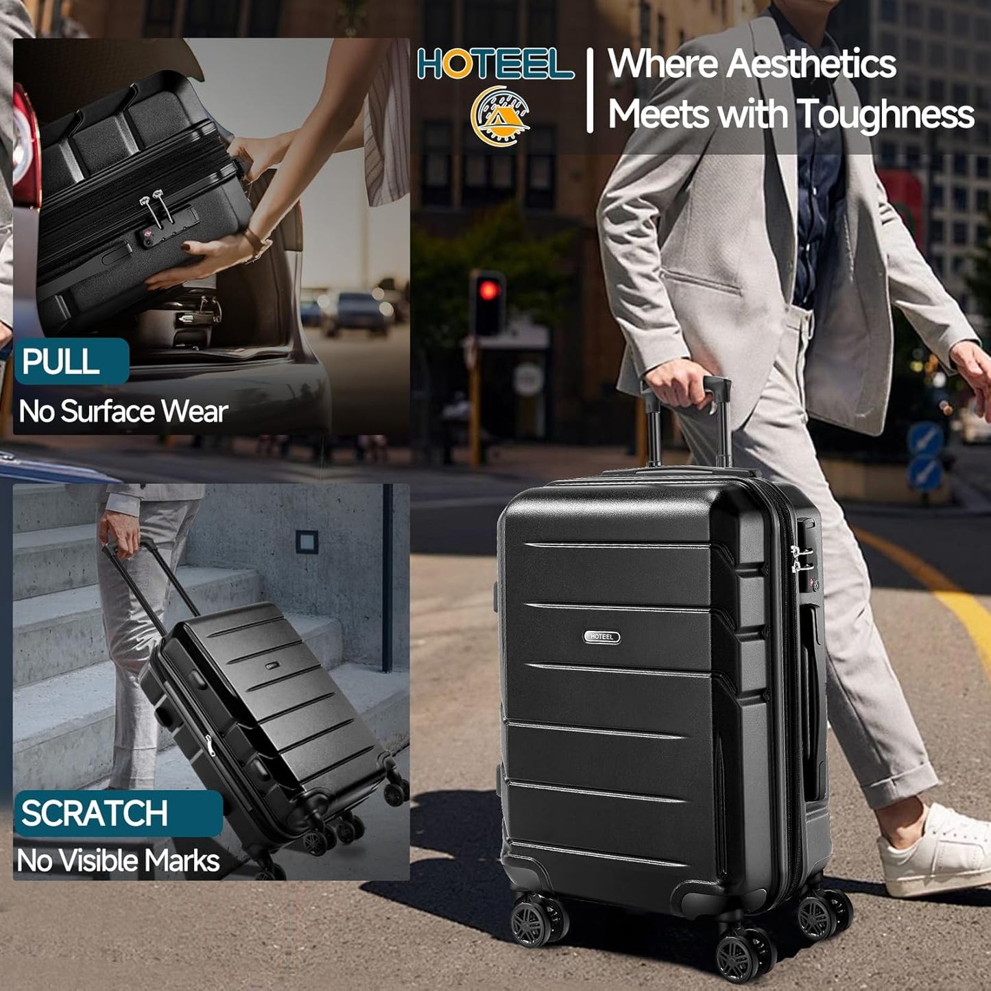 Hoteel Luggage Sets 3 Piece, 4-Yr Warranty ABS+PC Hard Shell Expandable Suitcases with Wheels, TSA Aproved Lock and Carry on Bags, Travel Suit Case Set for Men and Women, (3-Piece, Black)