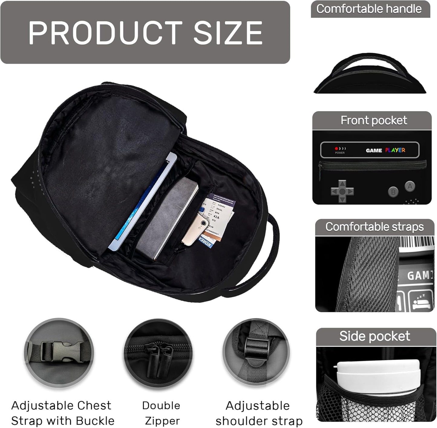 School Backpack With Lunch Bag and Pencil Case For Boys Gamer Backpack For Boys Kids Teens Video Game Bookbag Game Large Travel Laptop Backpacks (Black set)