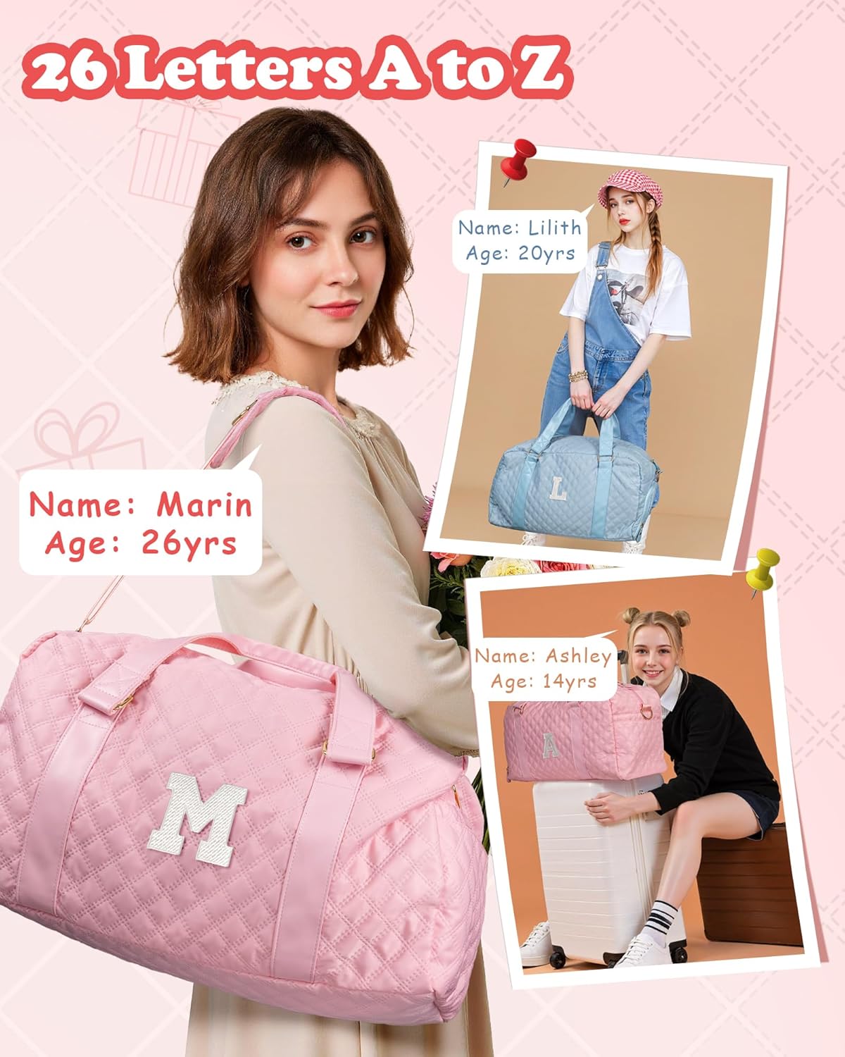 Initial Travel Duffle Bag Women Girls Gift: Personalized Weekender bags, Dance Cheer bag Sports for