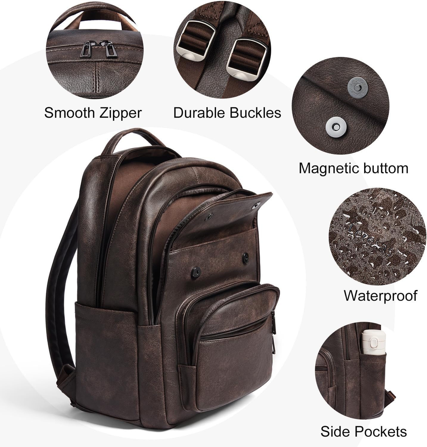 37L Backpack Purse for Women Men for Work Laptop Travel Back Pack Purses Vegan Leather Fashion College Daypack Coffee