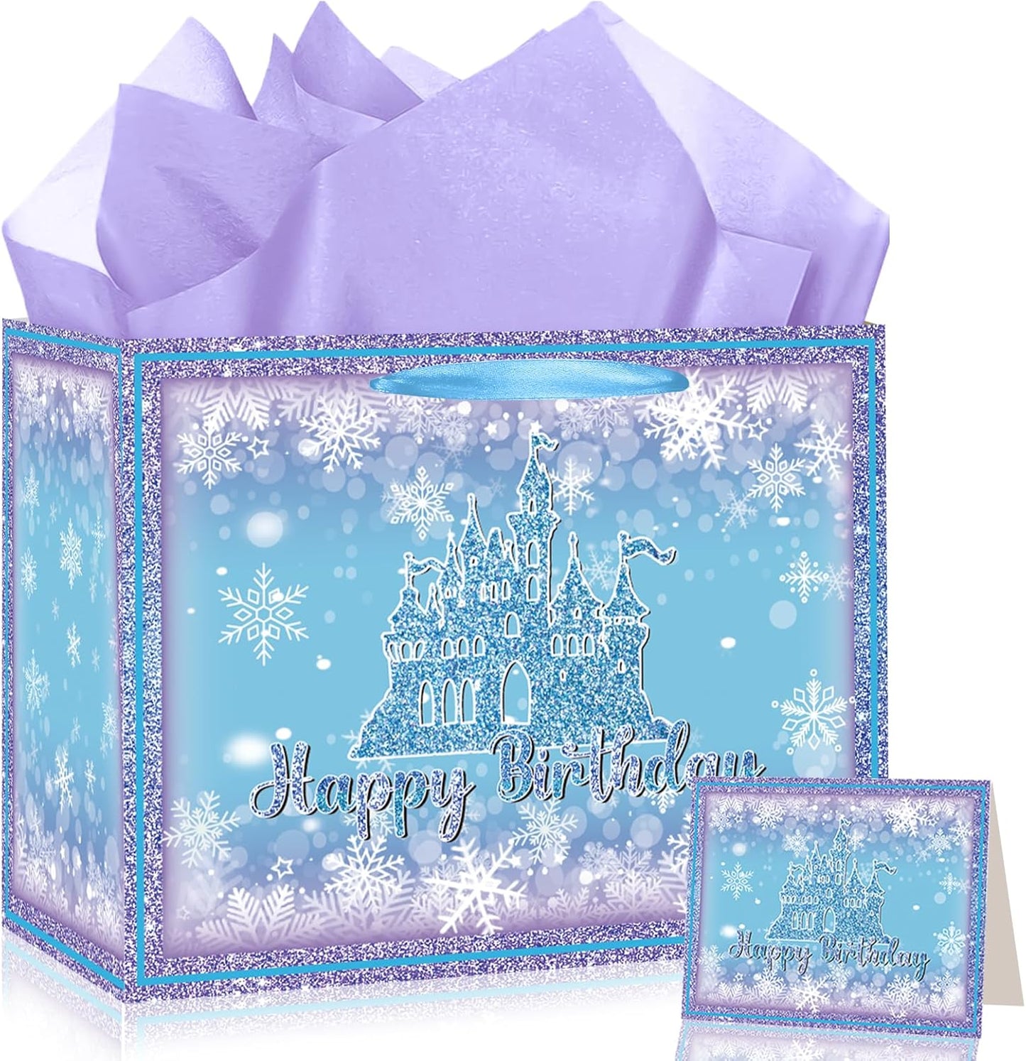 Frozen Birthday Gift Bag with Greeting Card and Tissue Paper Large Snowflake Castle Party Favor Bags Frozen Birthday Wrapping Paper Bags Treat Candy Bags with Handle for Bday Christmas Winter Gift