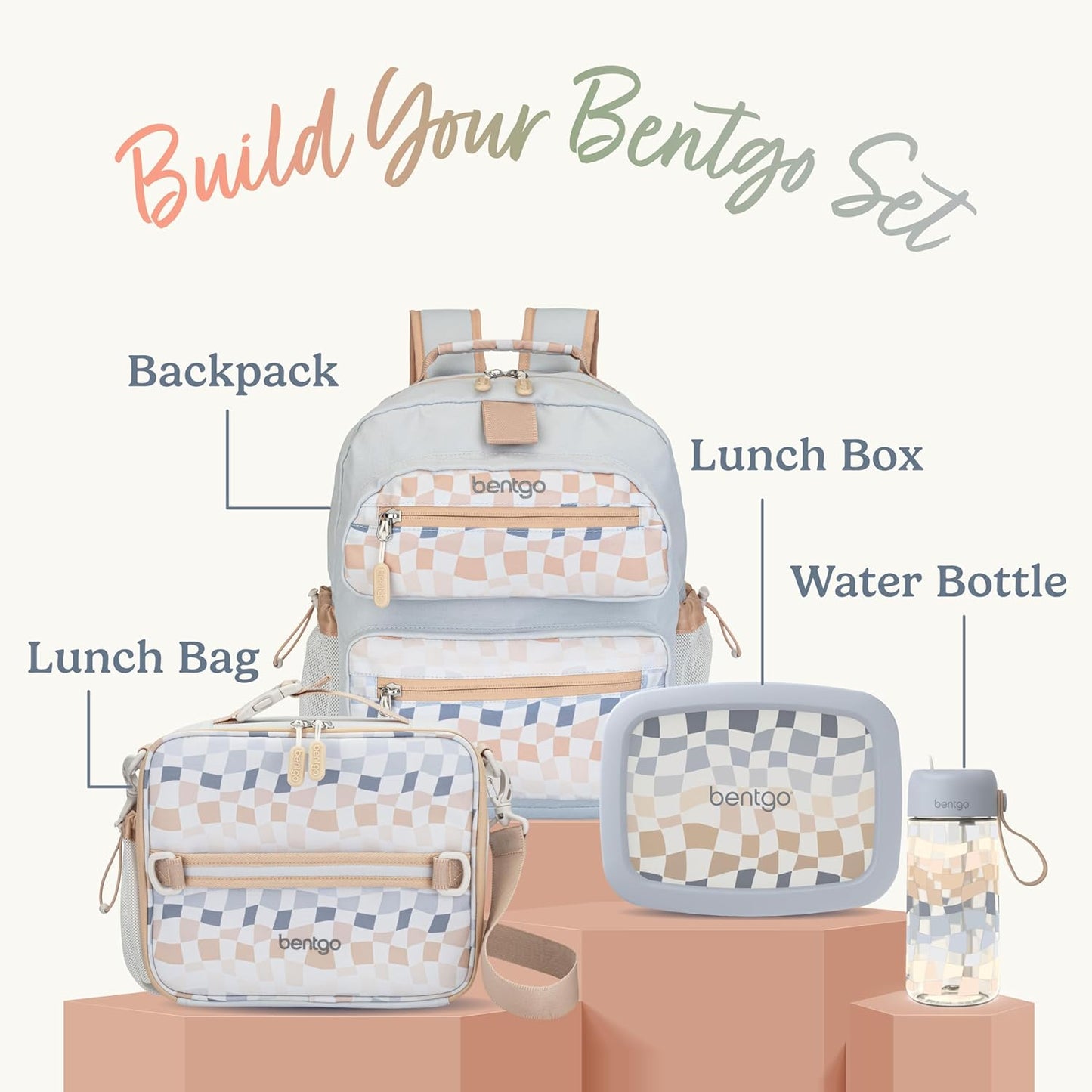Bentgo Kids Backpack (Whimsy & Wonder Collection) - Lightweight 14’’ for School, Travel & Daycare - Ideal for Kids 4+, Durable & Water-Resistant, Roomy Interior, Loop for Lunch Bag (Checker Gradient)