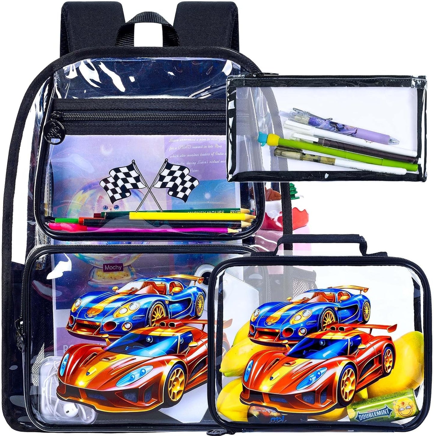 3PCS Kids Clear Backpack Heavy Duty, Cute Transparent Bookbag with Lunch Box for Boys, Black See Through School Bag - Race Car