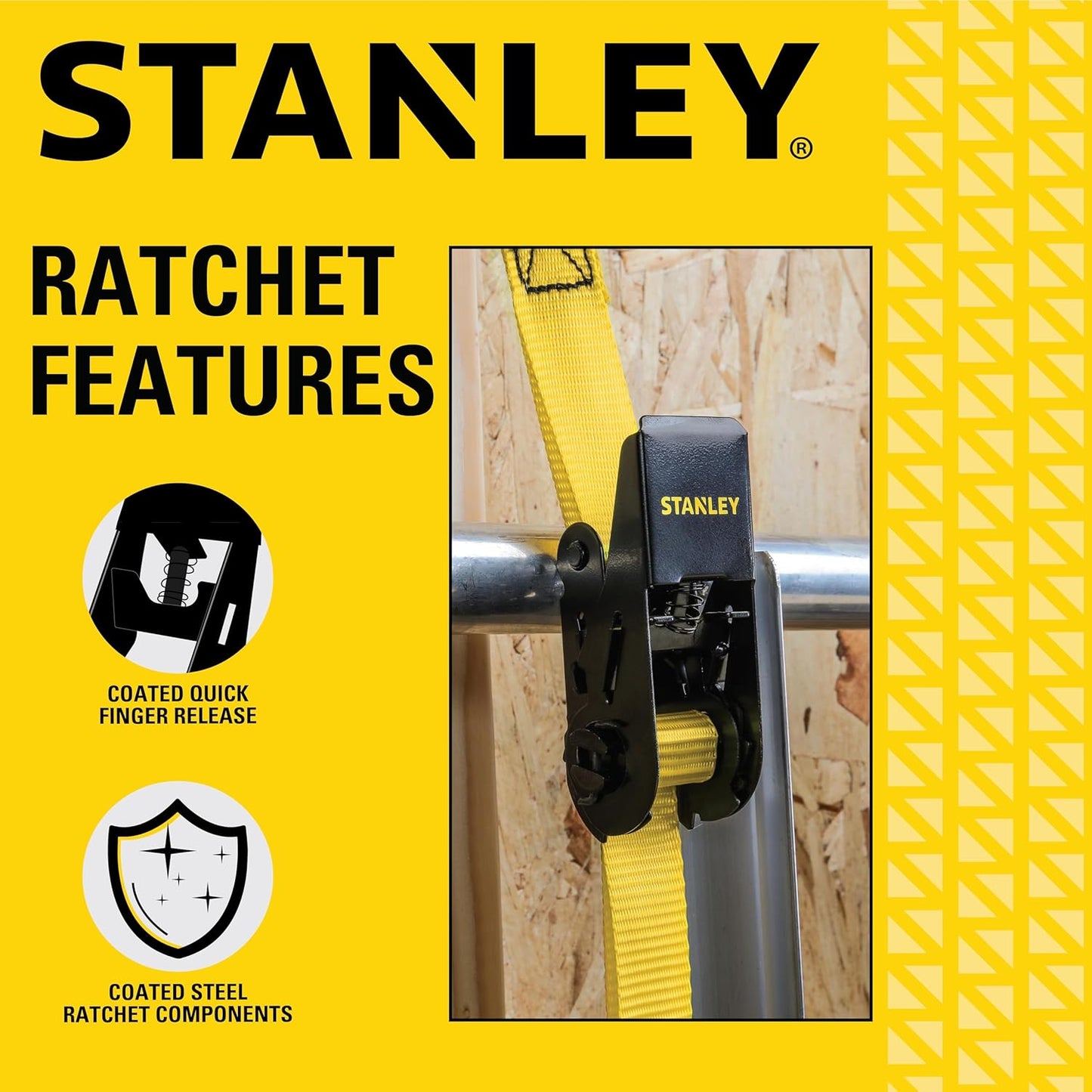 STANLEY S9500 Black/Yellow 1" x 10' Ratchet Straps - Light Cargo (300 lb Working Load / 900 lb Break Strength), 4 Pack
