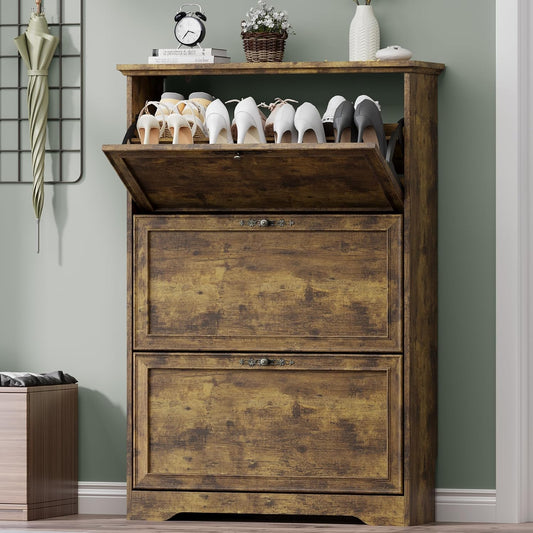 3 Flips Shoe Cabinet for Entryway, Narrow Shoe Storage Cabinet with Adjustable Shelves, Wooden Space-Saving Organizer and Rack for Foyer, Closet, Hallway