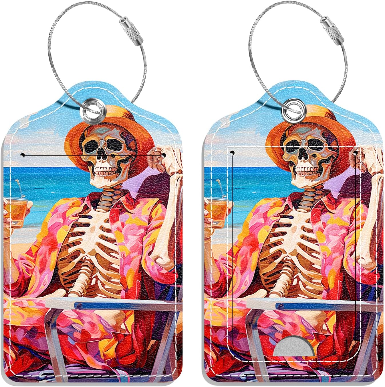 Luggage Tags for Suitcase, 2 Pack PU Leather Travel Cruise Luggage Tag with Privacy Flap, Name ID Label and Metal Loop for Women Men Girls Suitcase Baggage Bag Backpack, Holiday Skull