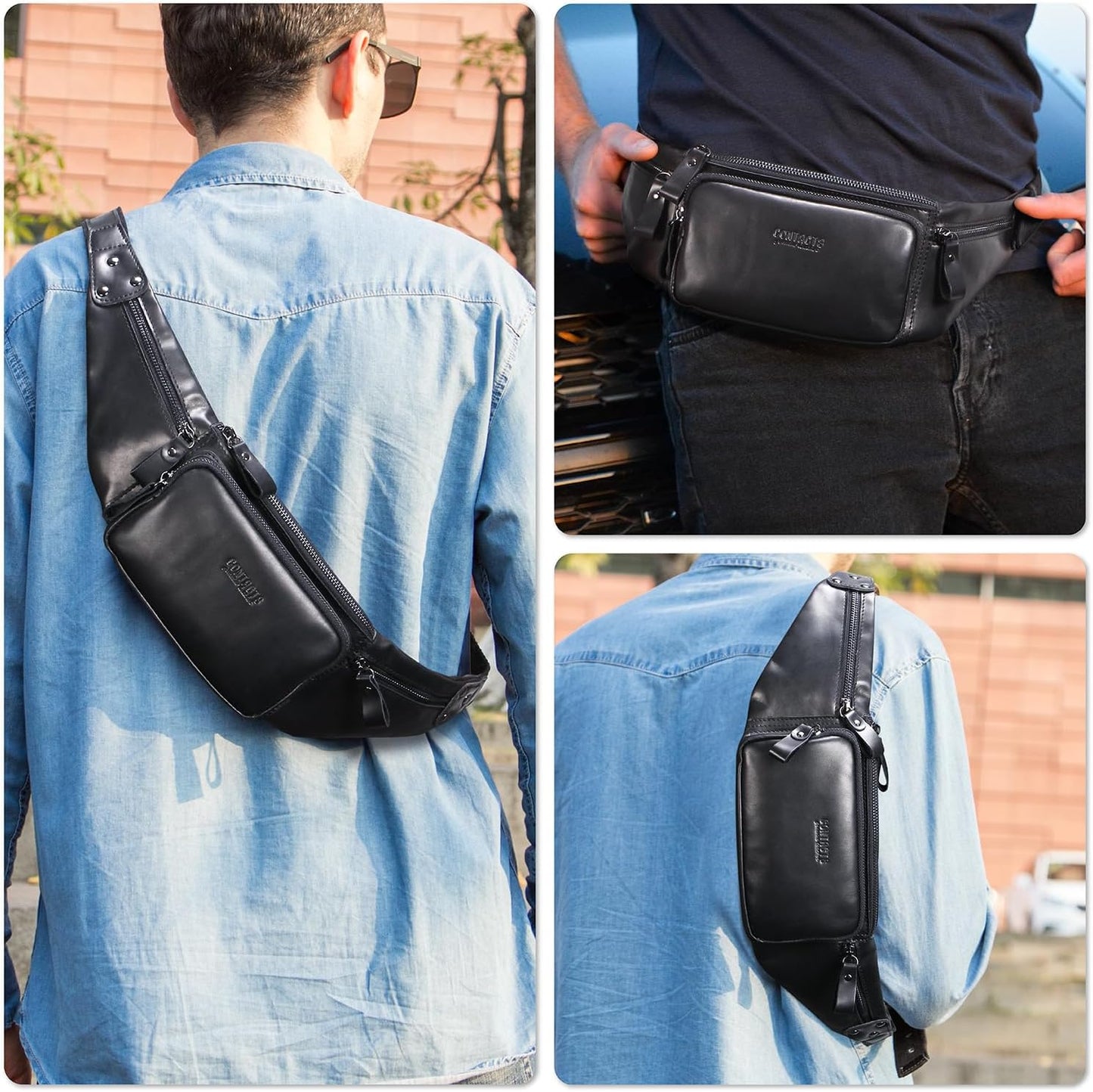 Top Grain Genuine Leather Slim Waist Pack for Man & Woman, Vintage Design & 4 Zipper Pockets & Adjustable Strap, Handmade, Large Capacity Fanny Pack Crossbody Belt Bag for Travel or Ride, Glossy Black
