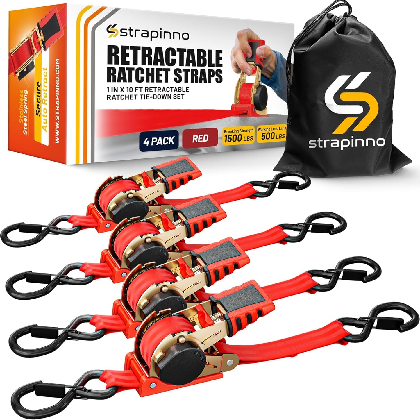 Strapinno Retractable Ratchet Straps 1 in x 10 ft, Secure Tie-Downs with Rubber-Coated Steel Handles, for Motorcycle, Jetski, Kayak, Breaking Strength 1,500LBS/680KG (Red Strap, Yellow Zinc Coated)