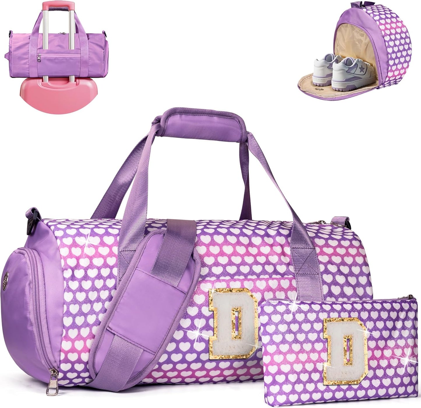Cool Gifts for Teen, Girls Travel Duffel Bag, Kids Initial Overnight Bags with Shoe Compartment, Personalized Gym Ballet Dance Bag with Makeup Pouch, Gift for Granddaughter (Letter D)