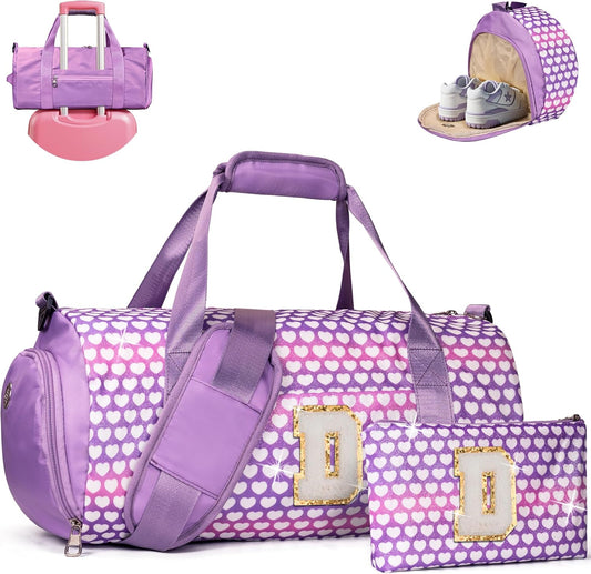 Cool Gifts for Teen, Girls Travel Duffel Bag, Kids Initial Overnight Bags with Shoe Compartment, Personalized Gym Ballet Dance Bag with Makeup Pouch, Gift for Granddaughter (Letter D)