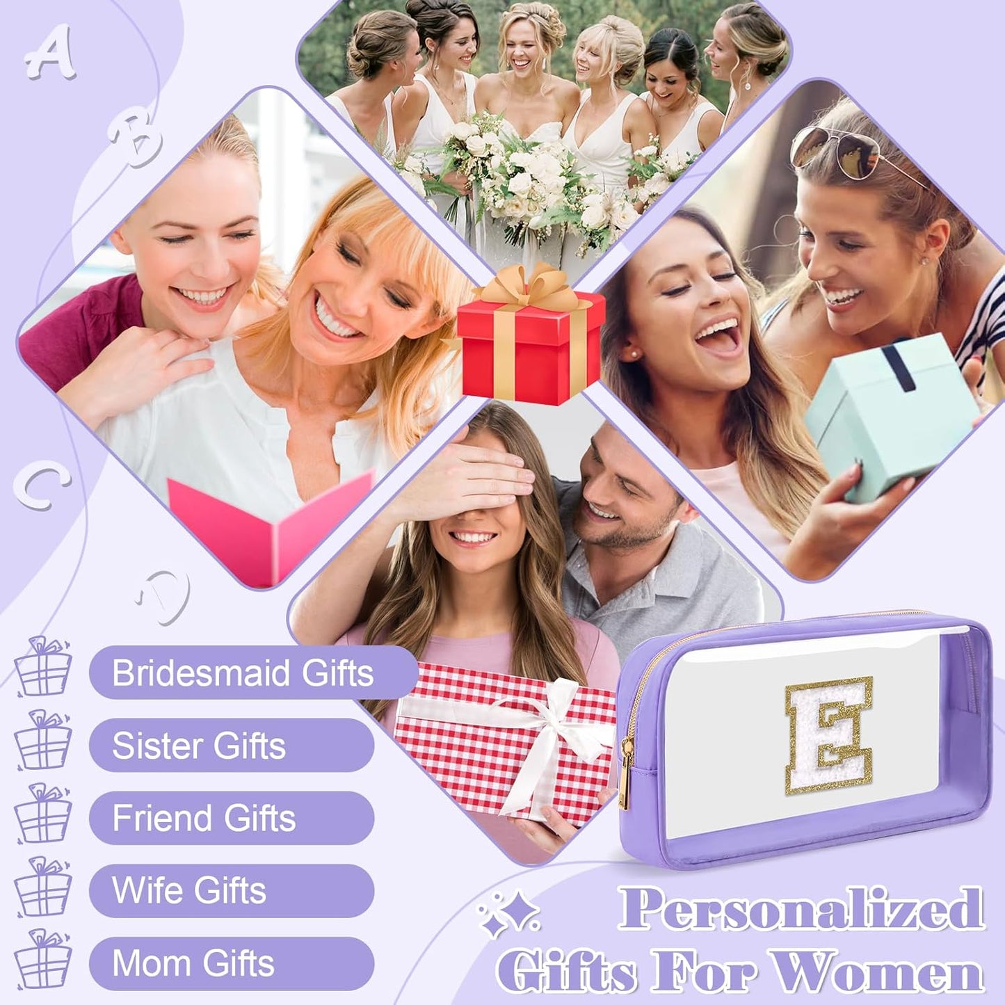 Personalized Initial Letter Clear Makeup Bag,Preppy Small Nylon&PVC Cosmetic Zipper Bag with Chenille Letter,Travel Skincare Toiletry Bag,Monogram Christmas Gift for Teen Girls Women,E