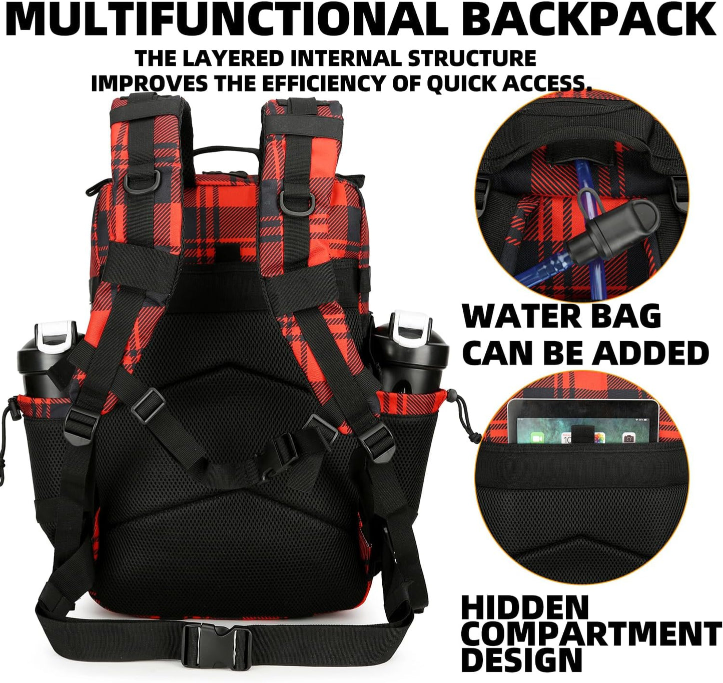 25L Tactical Backpack for Men and Women Military Backpack Army Assault Pack Molle Backpack Small Bug Out Bag Travel Rucksack Daypack (Red Plaid)