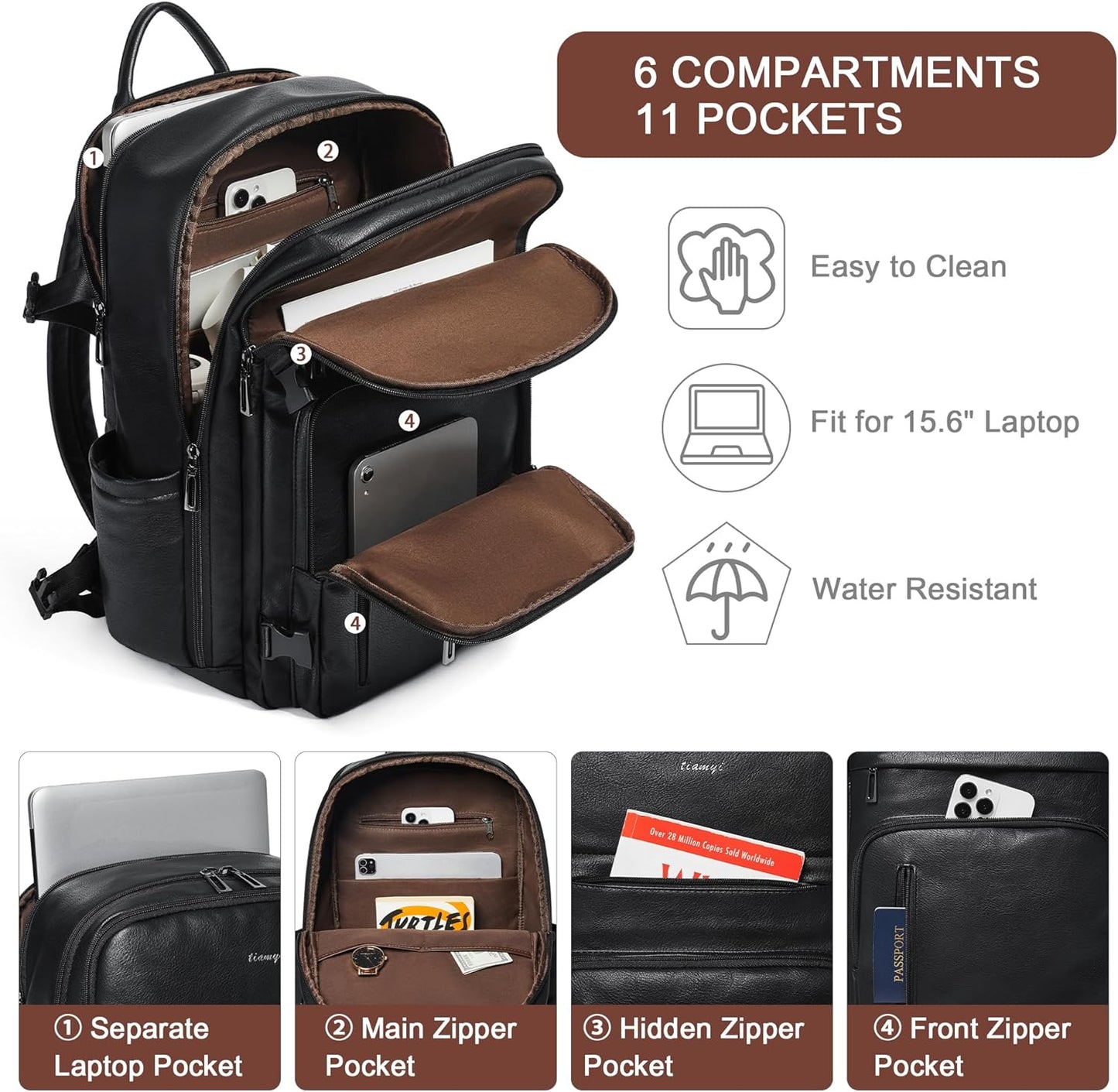 Leather Laptop Backpack for Women, Featuring a 15.6" Padded Laptop Compartment, Water Bottle Pocket and Trolley Sleeve, Ideal for Work, Travel, Everyday Use, and as a Thoughtful Gift