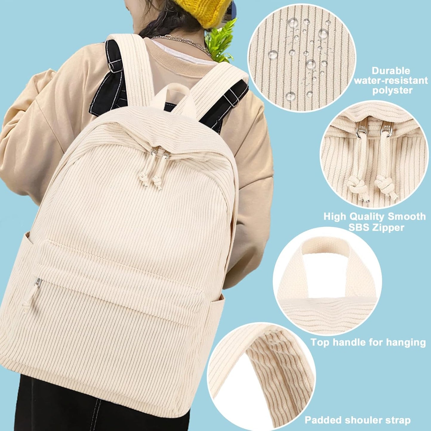 School Backpack for Teen Girls Bookbags Elementary High School Corduroy Laptop Bags Women Travel Daypacks