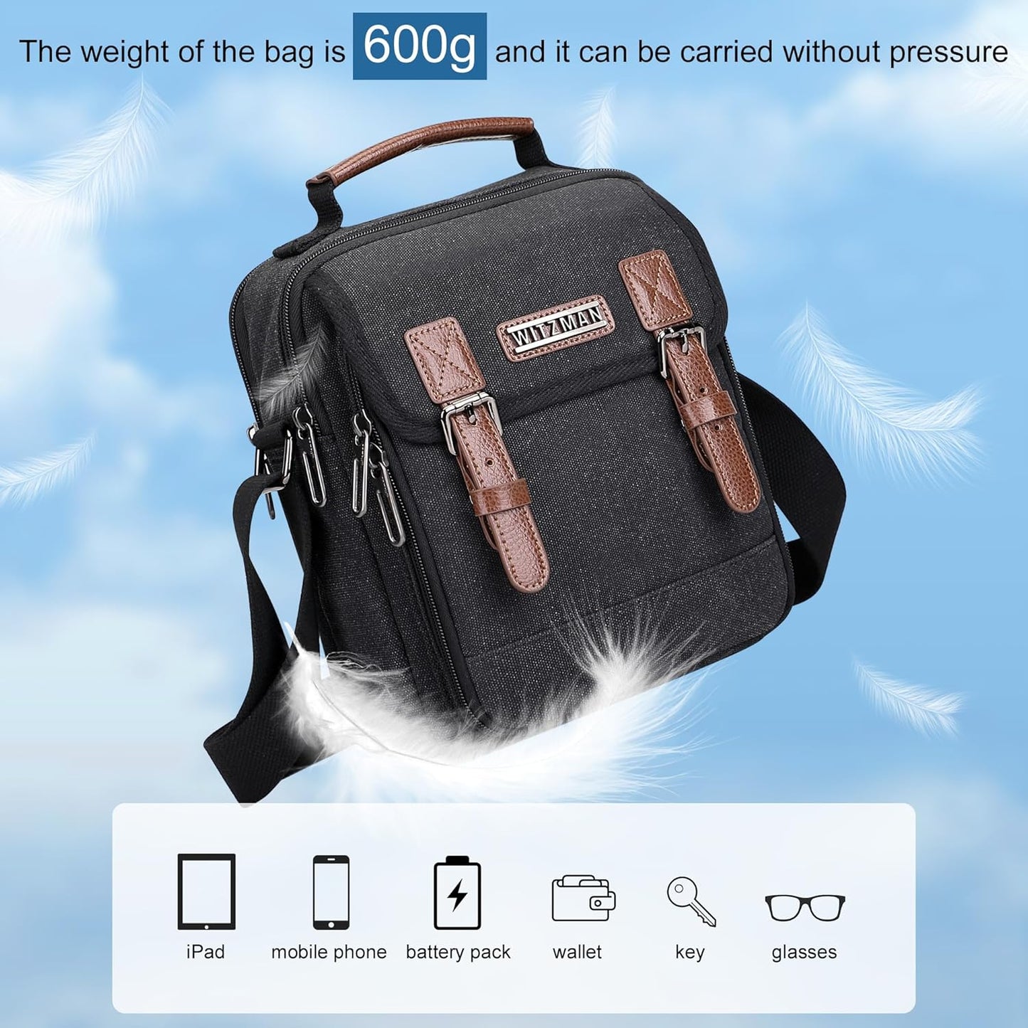 WITZMAN Canvas Small Messenger Bag for Men Crossbody Bag Multi-pocket Casual Shoulder Bag Travel Chest Bag
