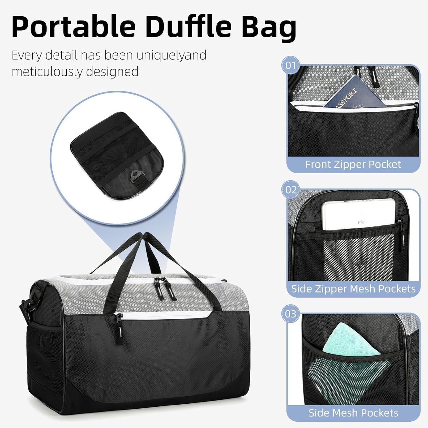 Foldable Duffle Bag for Travel, Collapsible Duffle Bag for Men, Carry On Duffel Bags for Airplanes, Black Gray