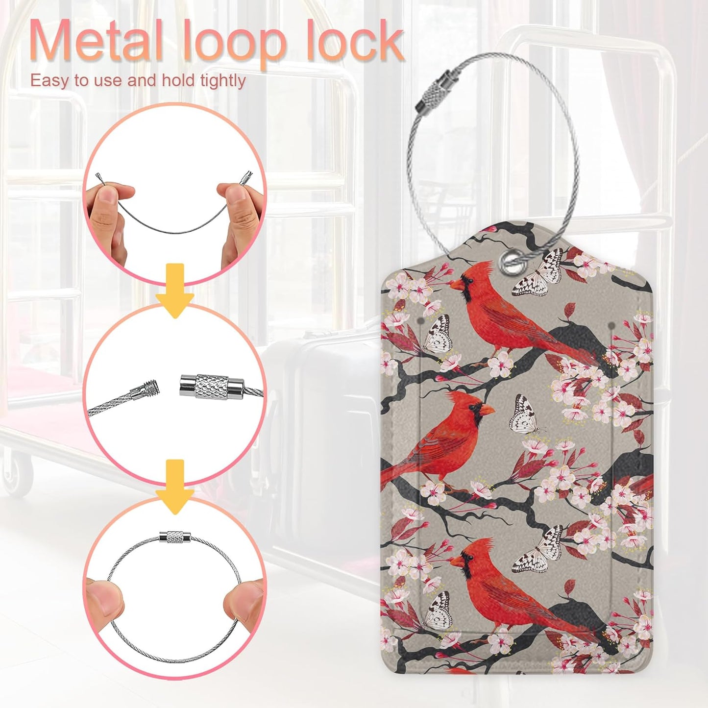 Red Cardinal Luggage Tags Set of 2 Leather Luggage Tags Privacy Cover Suitcase Label with Stainless Steel Loop for Women/Men Travel