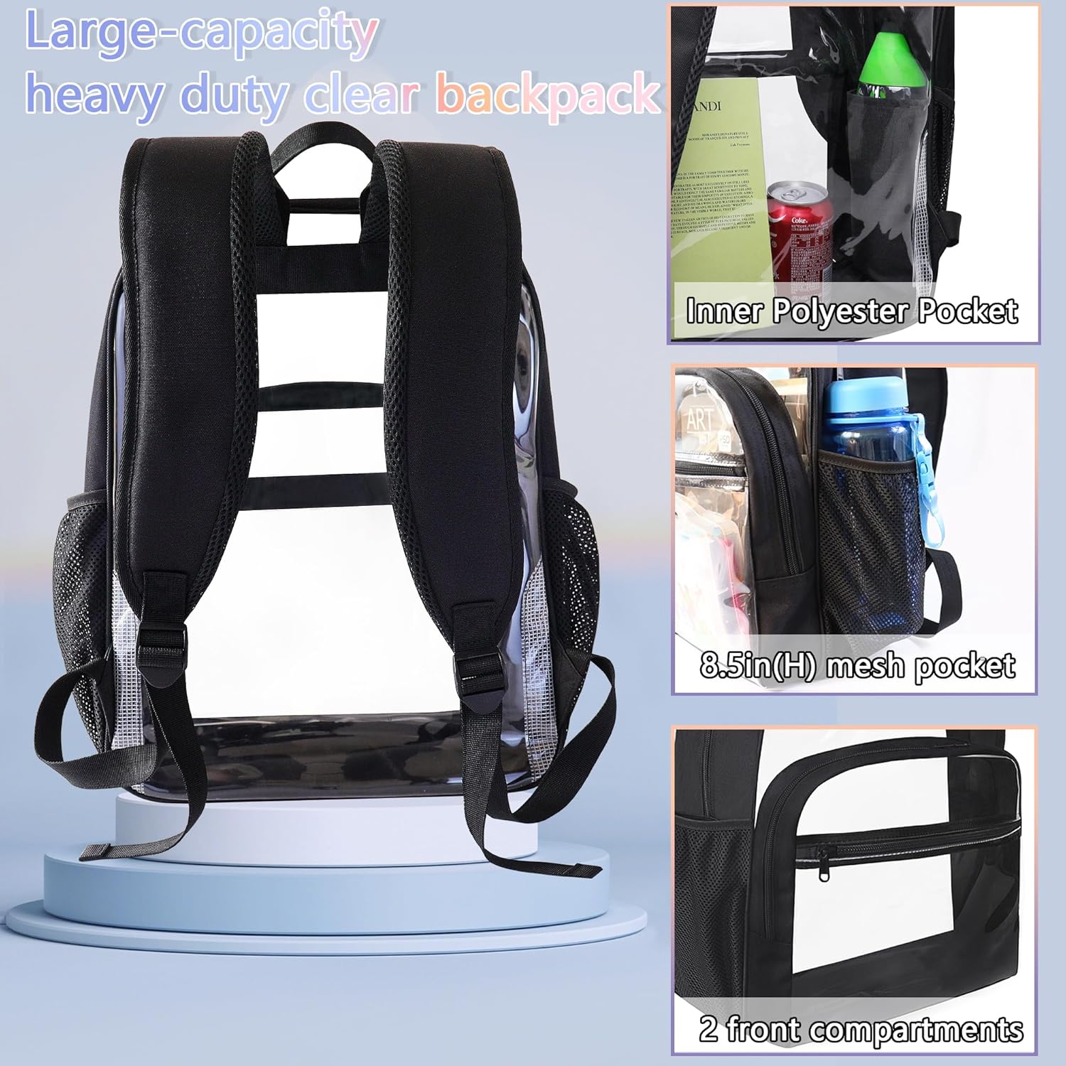 Clear Backpack for School, Heavy Duty Transparent Backpack with 0.6 mm PVC Bookbag 18 inch Clear