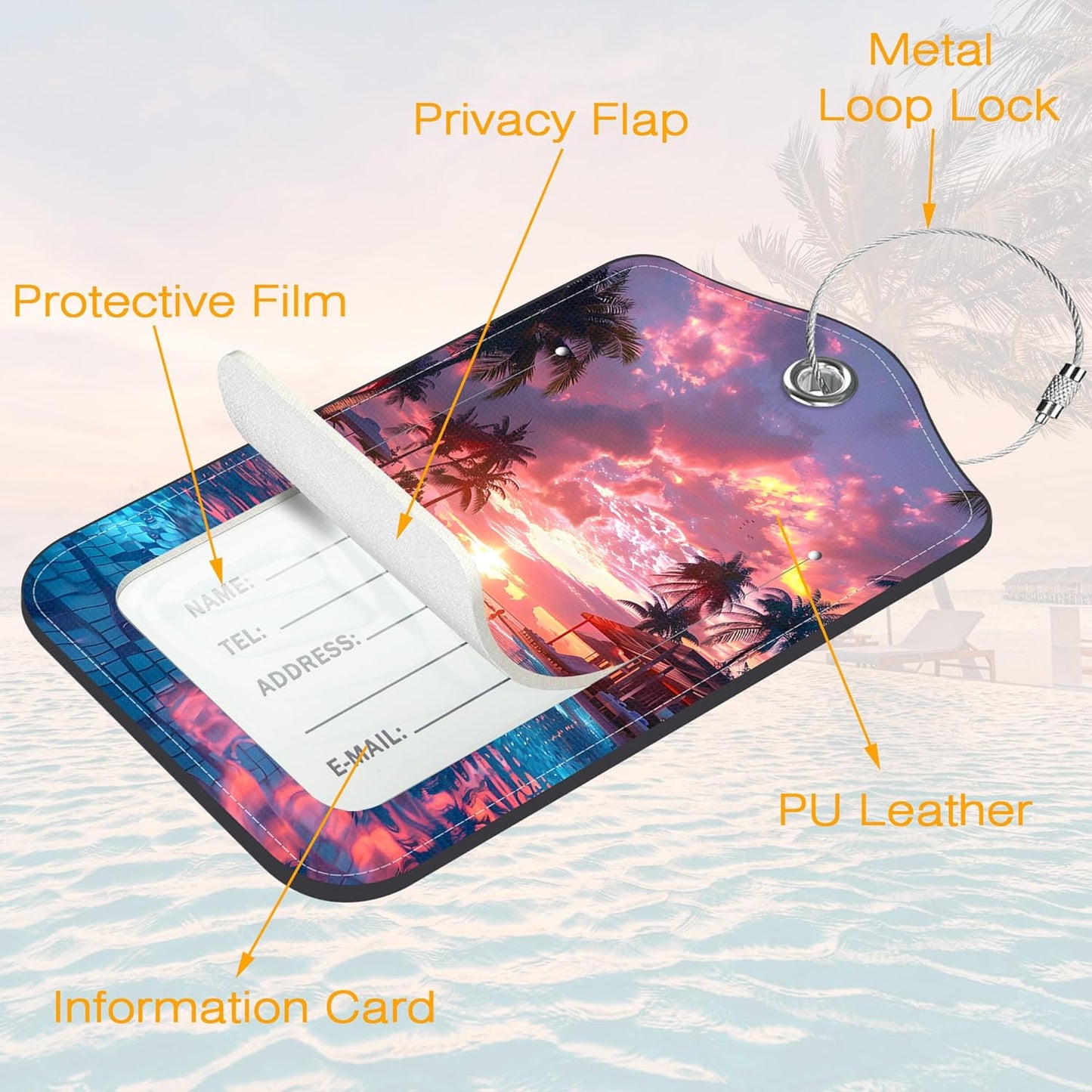 3 Pack PU Leather Luggage Tag for Suitcase Sunset Palm Tree Swimming Pool Suitcase Tags with Privacy Name ID Label and Stainless Steel Loop for Travel Bag