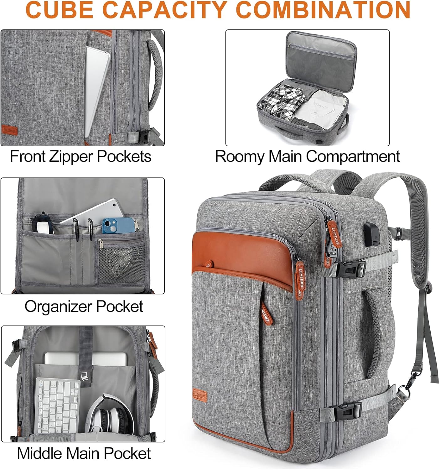 Lumesner Carry on Travel Backpacks, Extra Large 40L Flight Approved for Men & Women,Expandable Suitcase backpack (Grey (Backpack With 4 Packing Cubes))