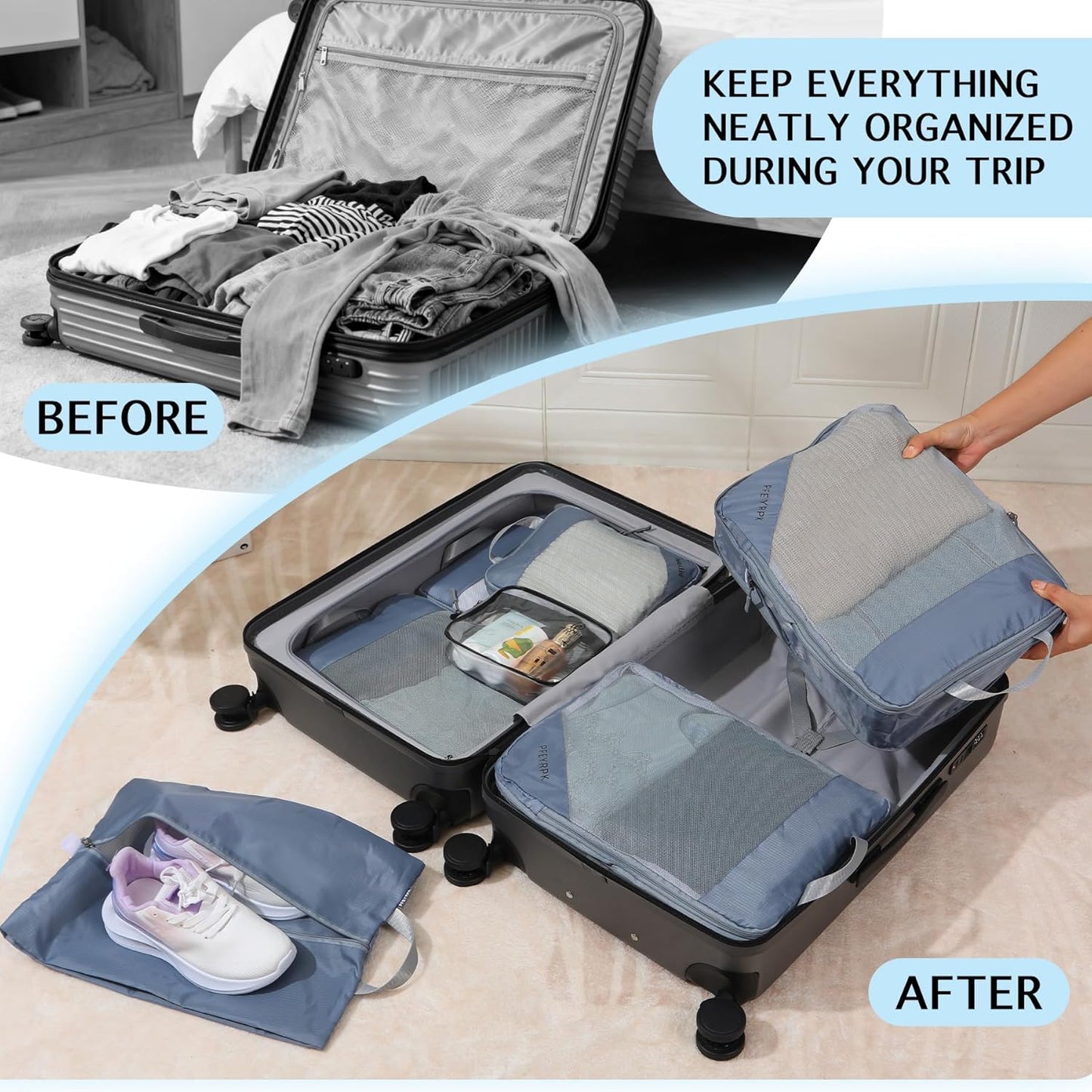 Lightweight Compression Packing Cubes for Suitcases, Compressible Expandable Travel Packing Organizer with Clear Toiletries and Backpack Bag, Travel Essentials for Carry on Luggage 7 Set