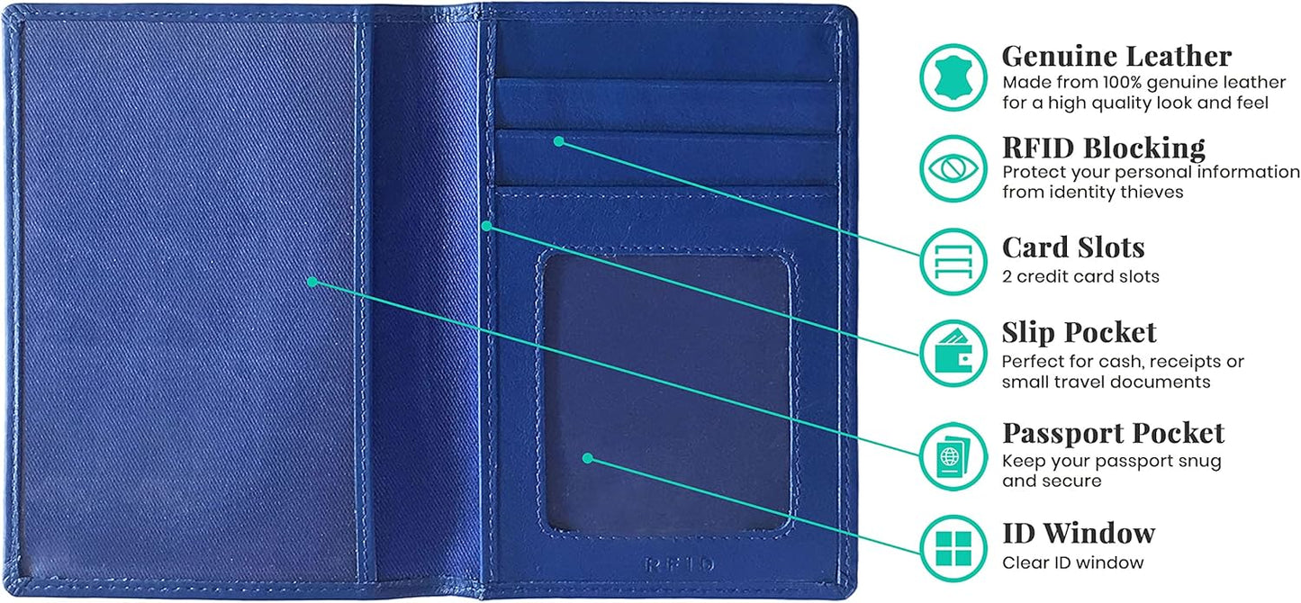 Personalized Monogrammed Cobalt Blue Leather RFID Passport Wallet and Luggage Tag