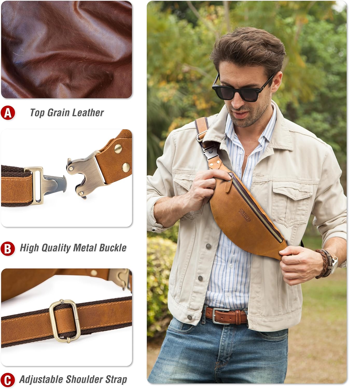 Top Grain Genuine Leather Slim Waist Pack for Man & Woman, Minimalist Vintage Design, Handmade with Detachable Hardware, Slim Fanny Pack Small Crossbody Belt Bag for Traveling or Riding, Brown