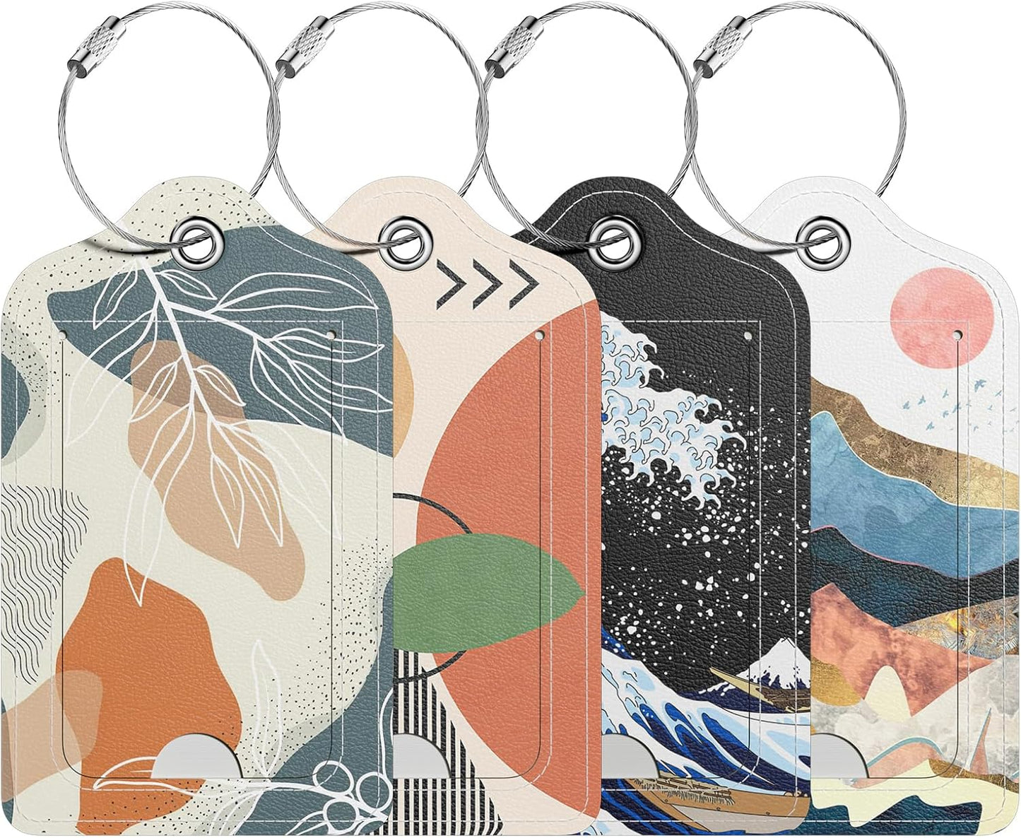 4 Pack PU Leather Luggage Tags for Suitcase, Travel Cruise Luggage Tag with Privacy Flap, Name ID Label and Metal Loop for Women Men Baggage Handbag School Bag Backpack, White Flower Leaves