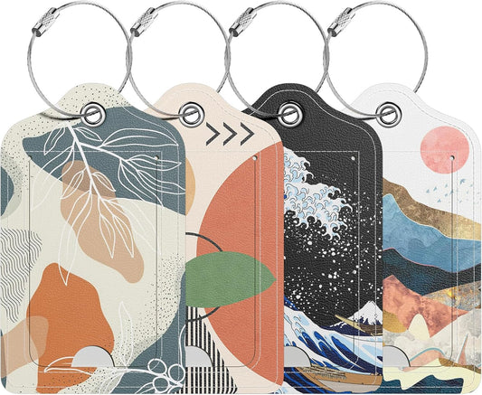 4 Pack PU Leather Luggage Tags for Suitcase, Travel Cruise Luggage Tag with Privacy Flap, Name ID Label and Metal Loop for Women Men Baggage Handbag School Bag Backpack, White Flower Leaves