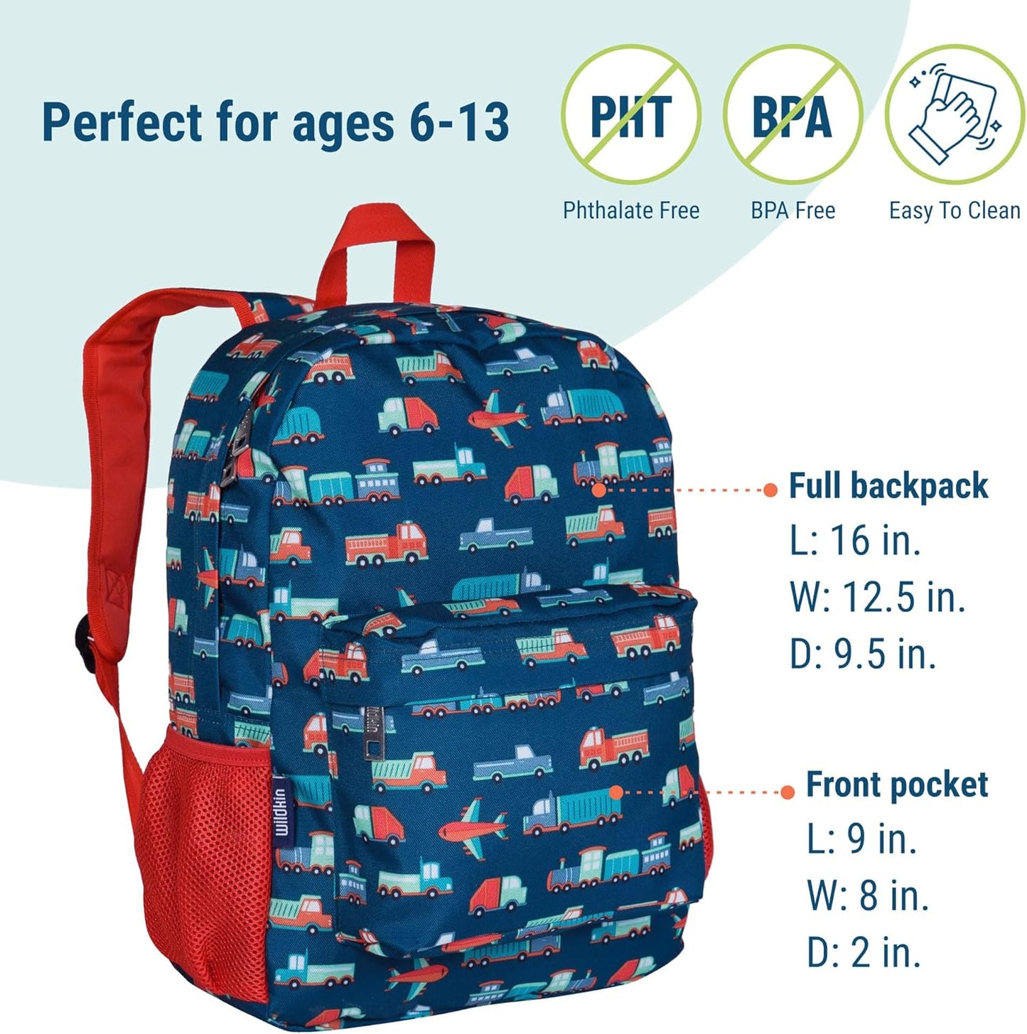 Wildkin 16-inch Kids Backpack – Durable, Padded & Spacious School Bag for Boys & Girls - Transportation