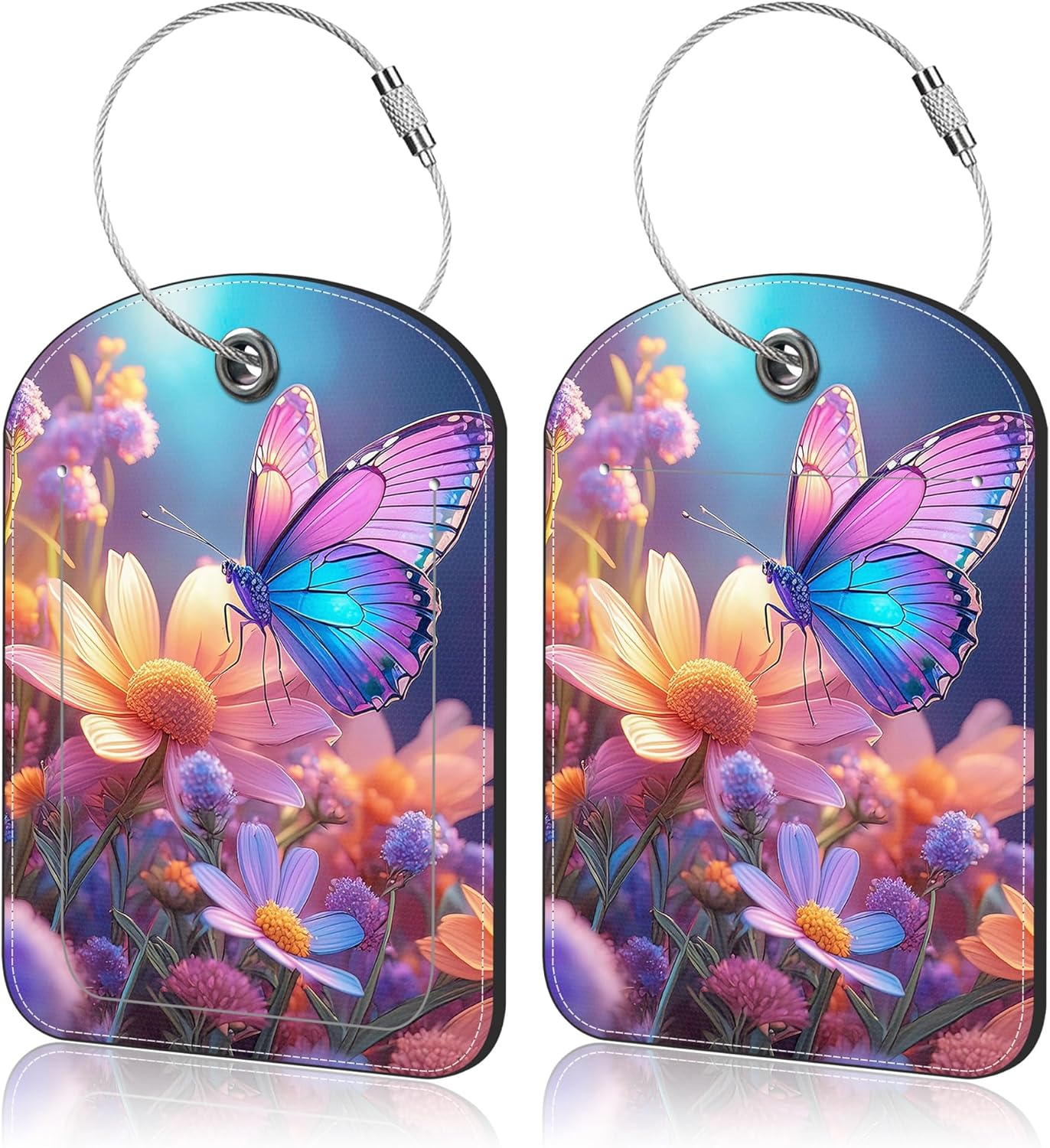 Cute Butterflies and Flowers Leather Luggage Tag for Suitcase 2 Pack Luggage Tag with Privacy Name ID Label and Stainless Steel Loop for Travel Bag Suitcase