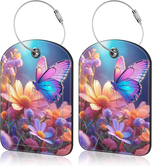 Cute Butterflies and Flowers Leather Luggage Tag for Suitcase 2 Pack Luggage Tag with Privacy Name ID Label and Stainless Steel Loop for Travel Bag Suitcase